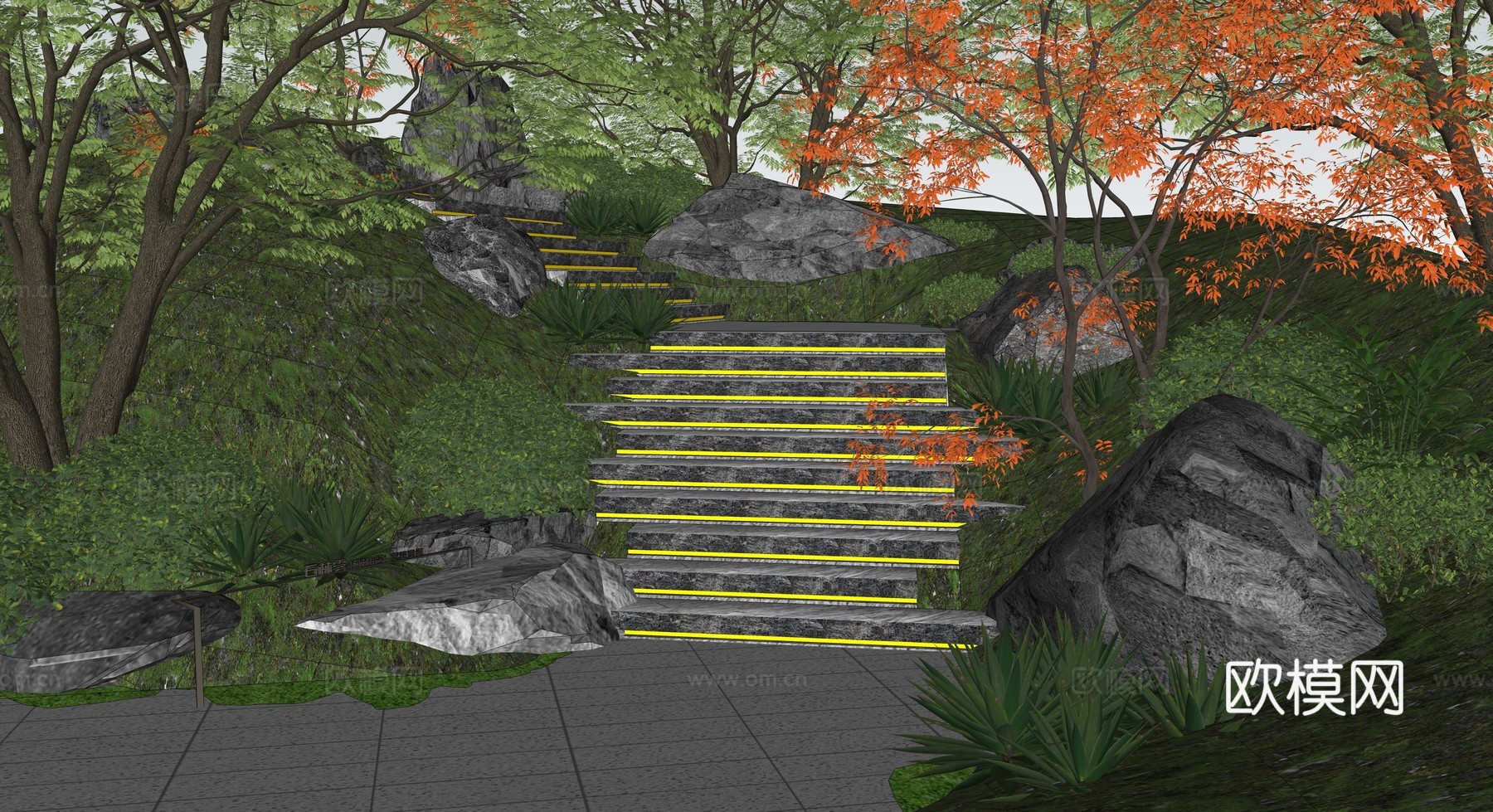 现代台阶景观 景观石阶 景观石头组团 庭园假山置石 苔藓石su模型