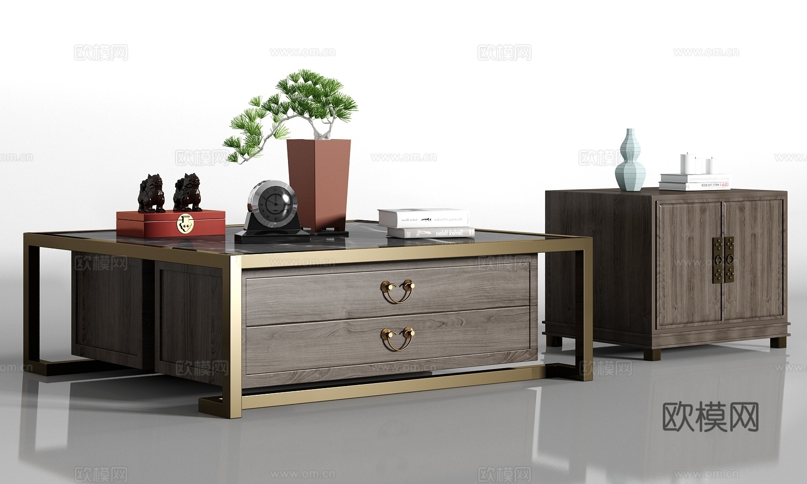 新中式金属实木茶几 角几饰品组合3d模型