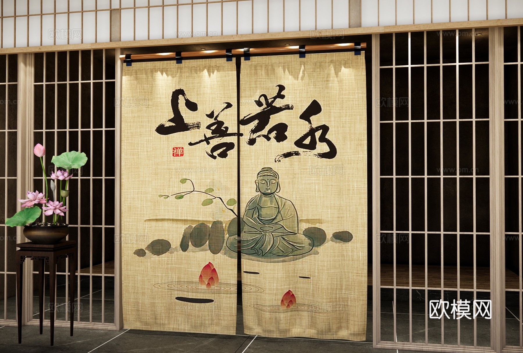 新中式门帘 茶室布帘 窗帘 隔断 屏风 布帘隔断 门帘屏风su模型