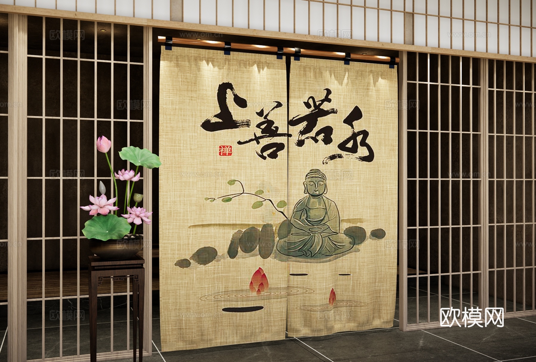 新中式门帘 茶室布帘 窗帘 隔断 屏风 布帘隔断 门帘屏风su模型