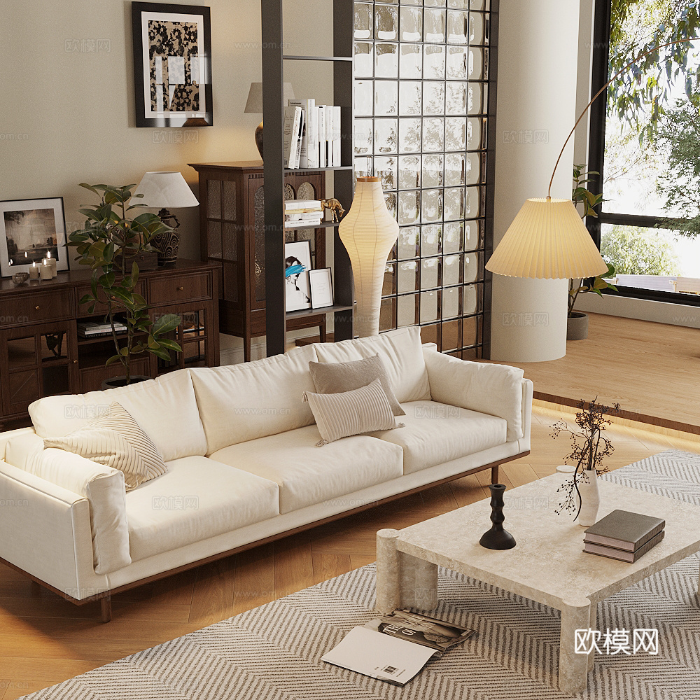 中古风沙发组合 沙发茶几组合 中古风客厅 布艺沙发 白色沙发3d模型