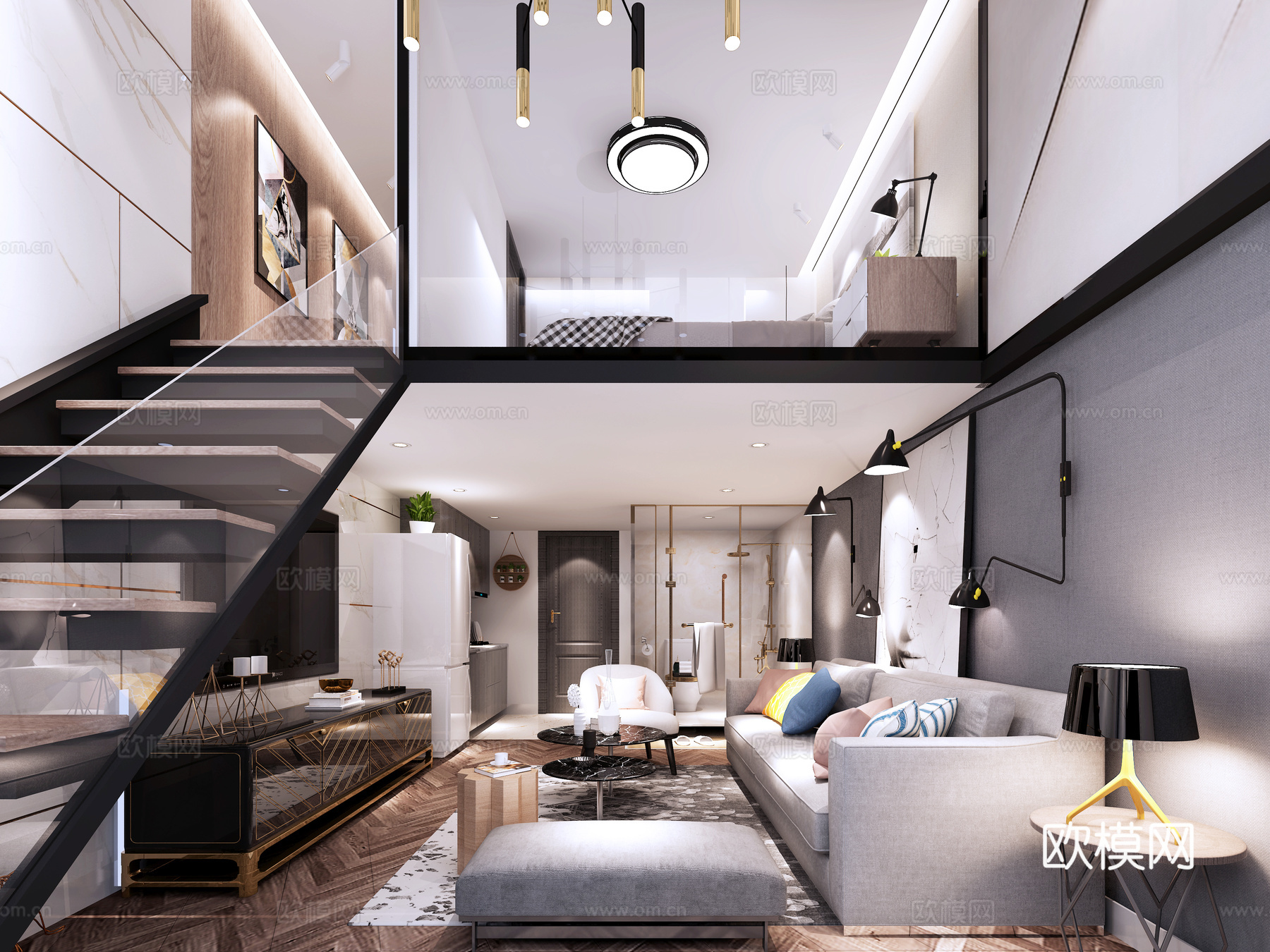 现代LOFT公寓 高级沙发 玻璃吊灯3d模型