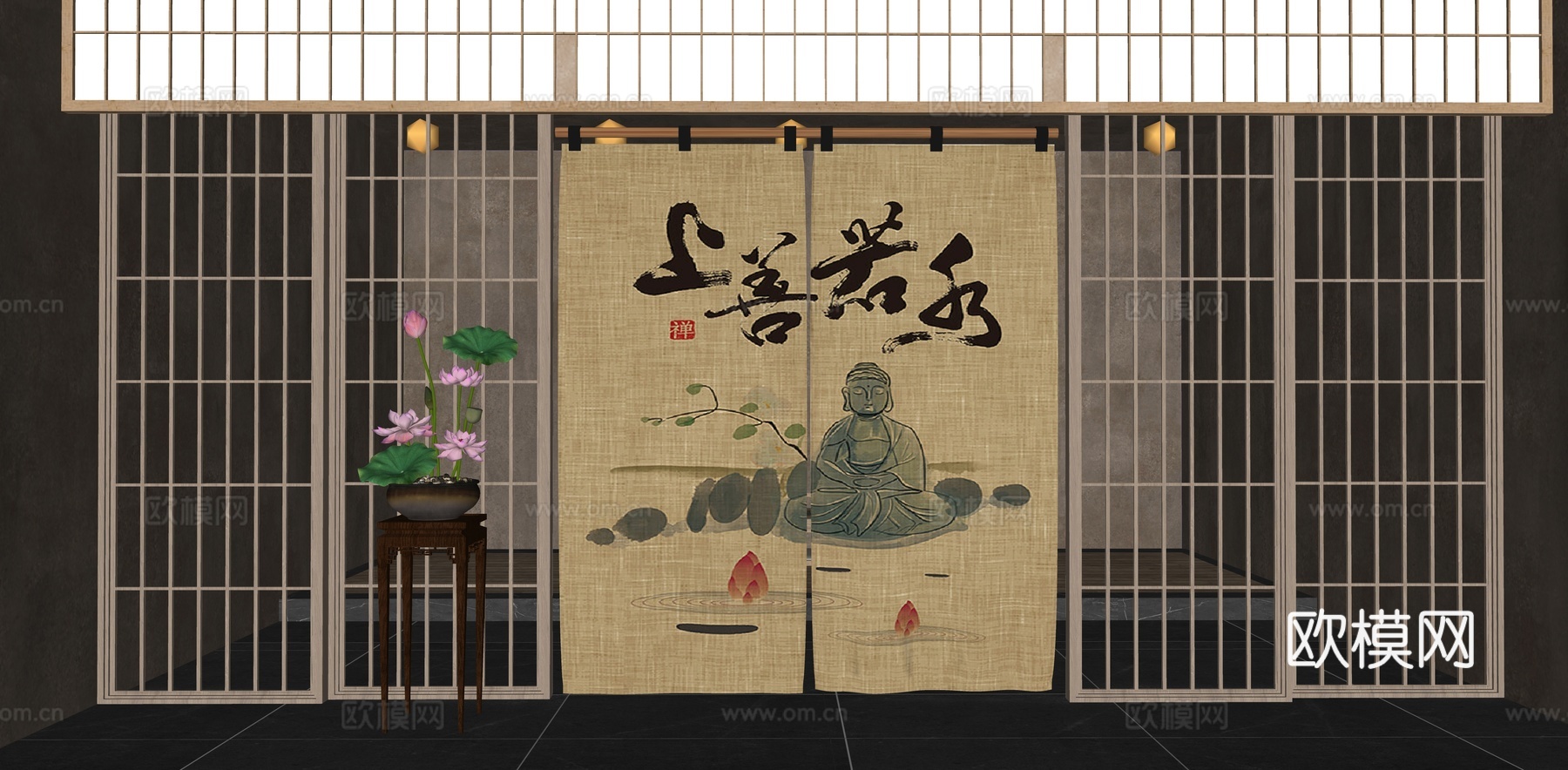 新中式门帘 茶室布帘 窗帘 隔断 屏风 布帘隔断 门帘屏风su模型