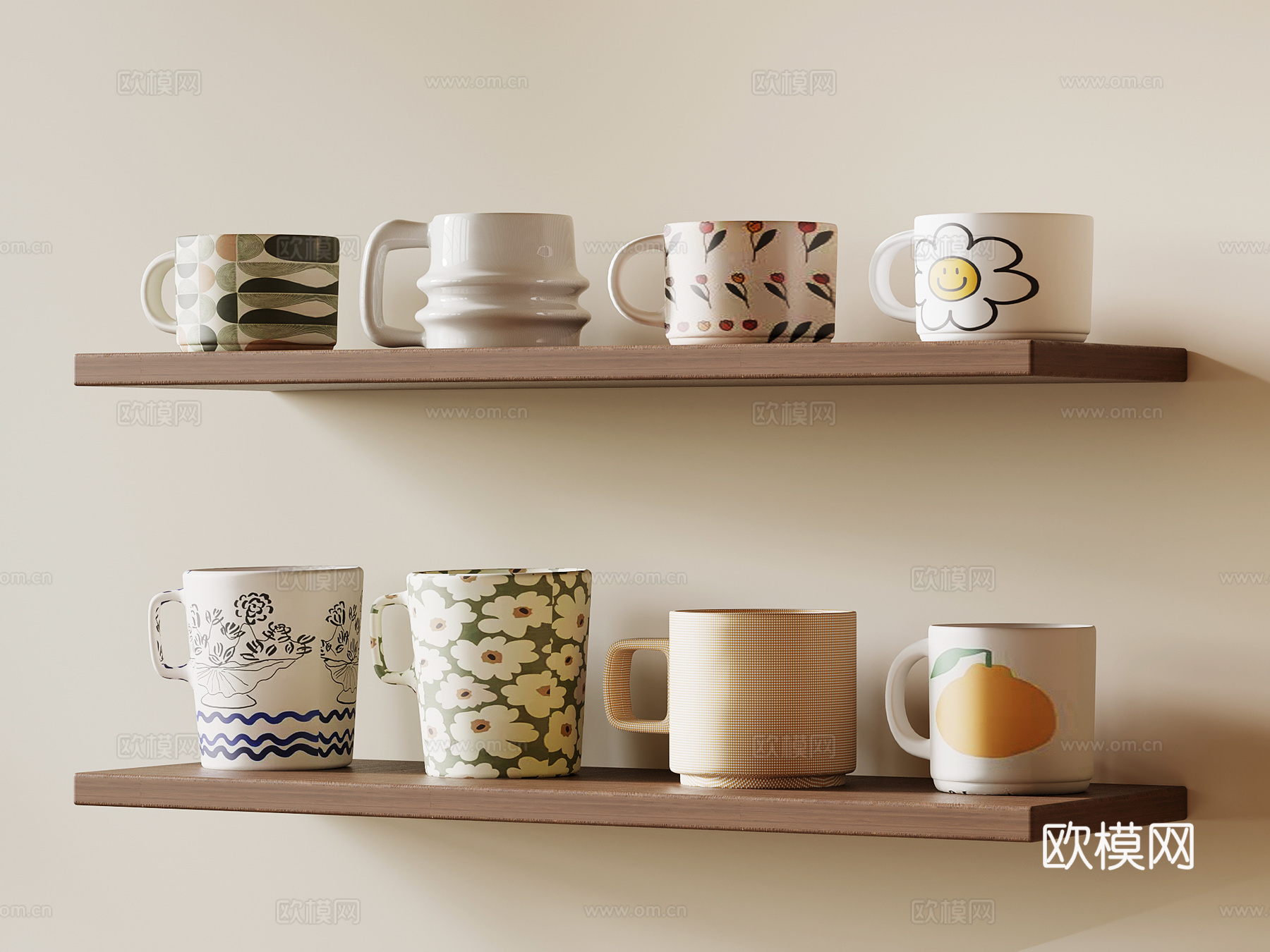 现代中古摆件组合 杯子 杯架 咖啡杯 杯子摆件 水杯3d模型