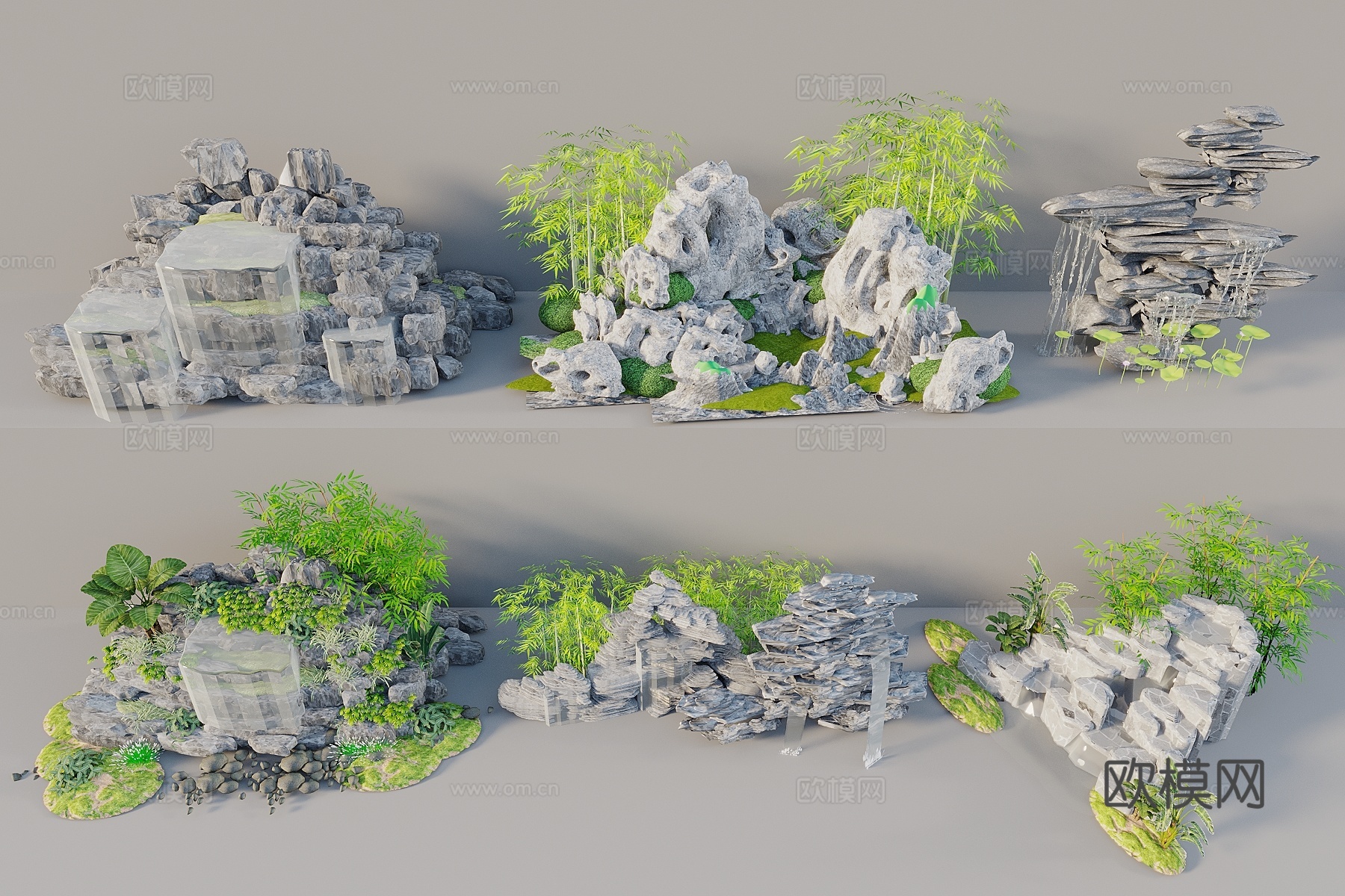 中式假山水景 假山叠水 水景 跌水 景观水池 景观石3d模型