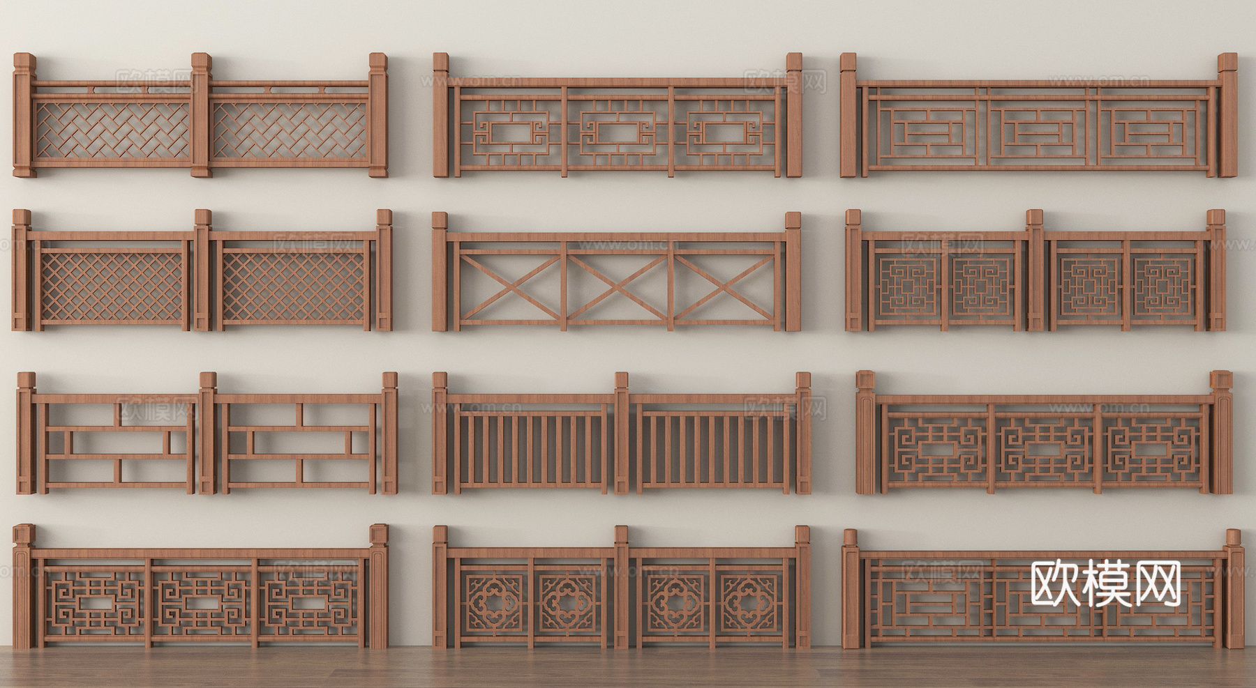 新中式栅栏 栏杆 实木围栏 护栏3d模型