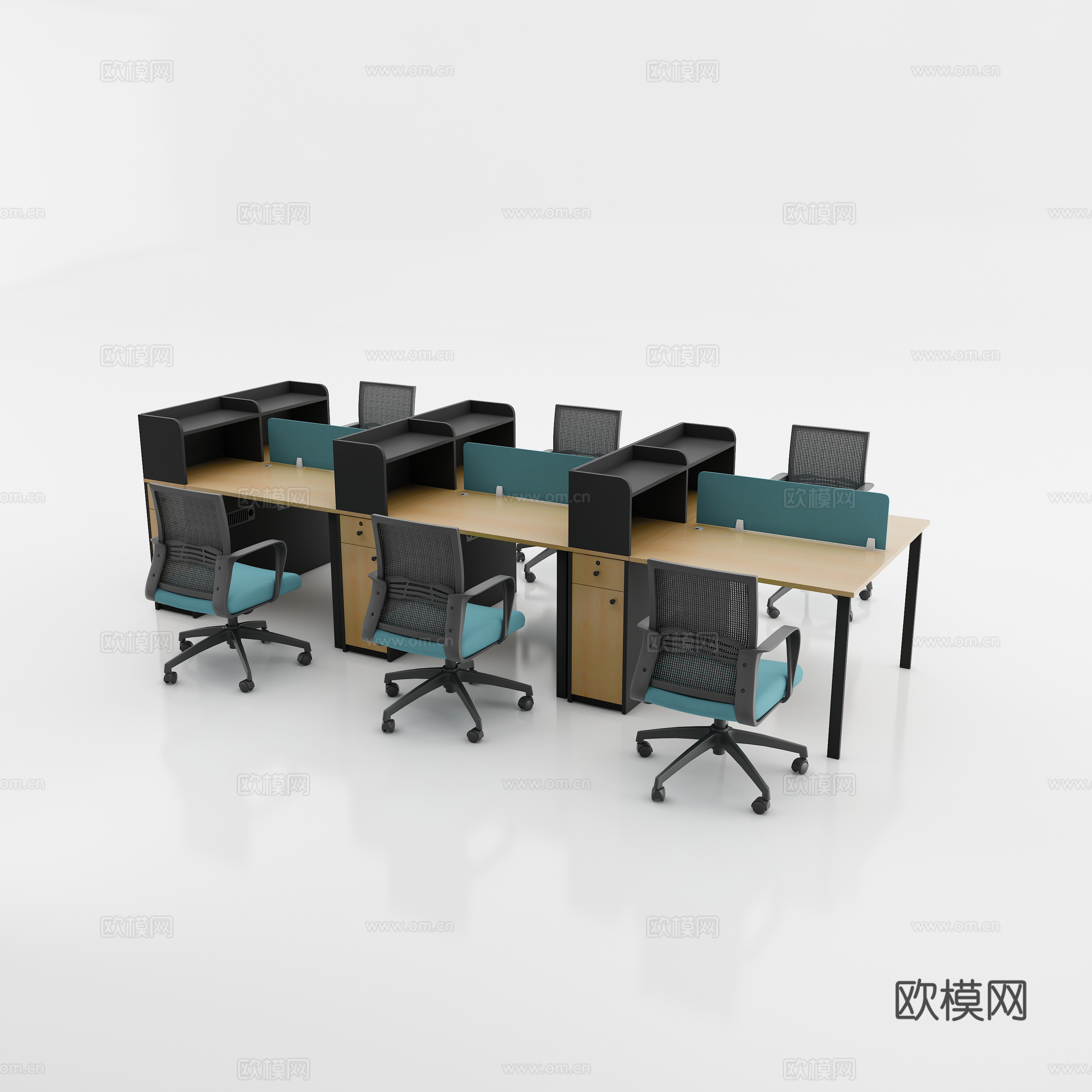 现代办公室 浅色木纹多人位职员桌椅子白底图3d模型