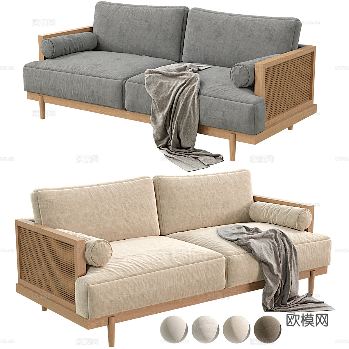新中式木质布艺双人休闲沙发3d模型