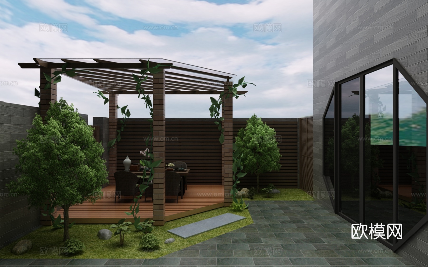 现代花园阳台 餐桌椅 植物 物件摆件3d模型