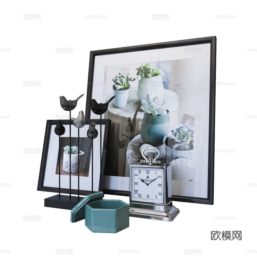 现代摆件组合 挂画闹钟 饰品摆件su模型