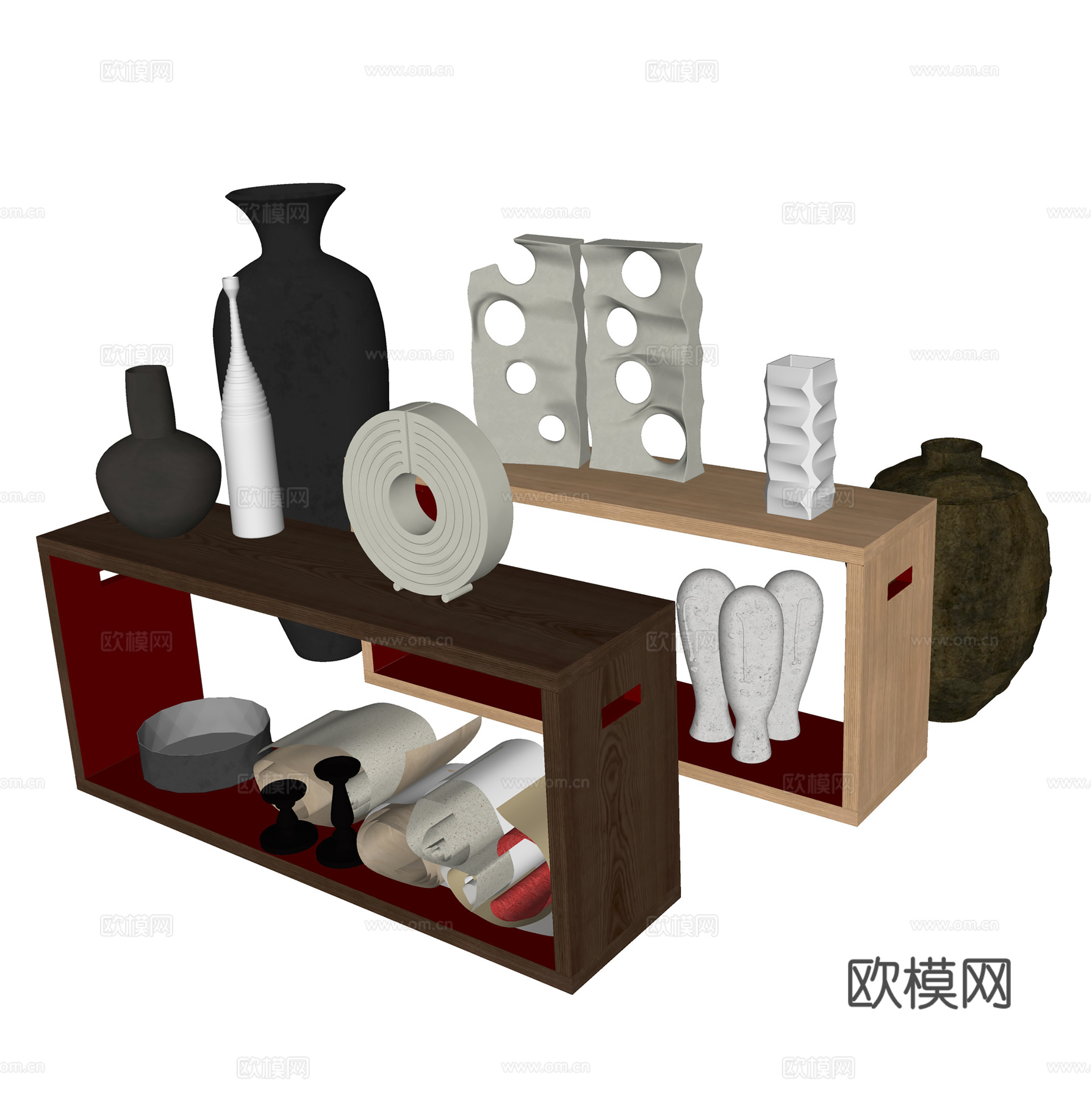 新中式饰品摆件 陶瓷器皿 雕塑纸画组合su模型