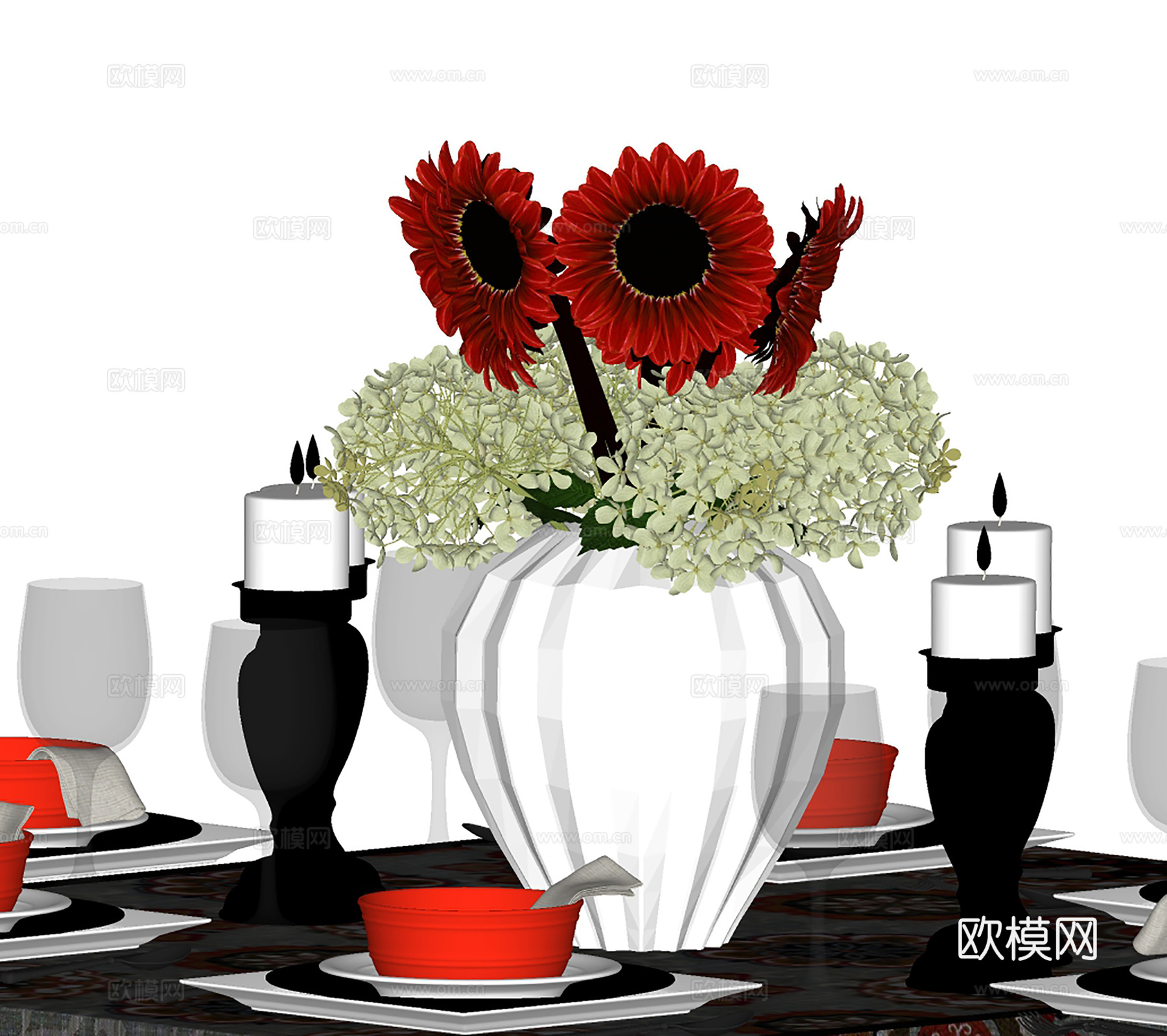 北欧厨房用品 餐具碗碟酒杯 陶瓷花瓶花卉su模型