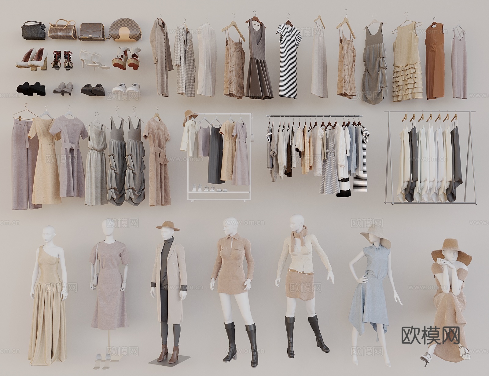 衣服 服装模特 女装店 服装店 女装模特 衣架 鞋子 包包3d模型