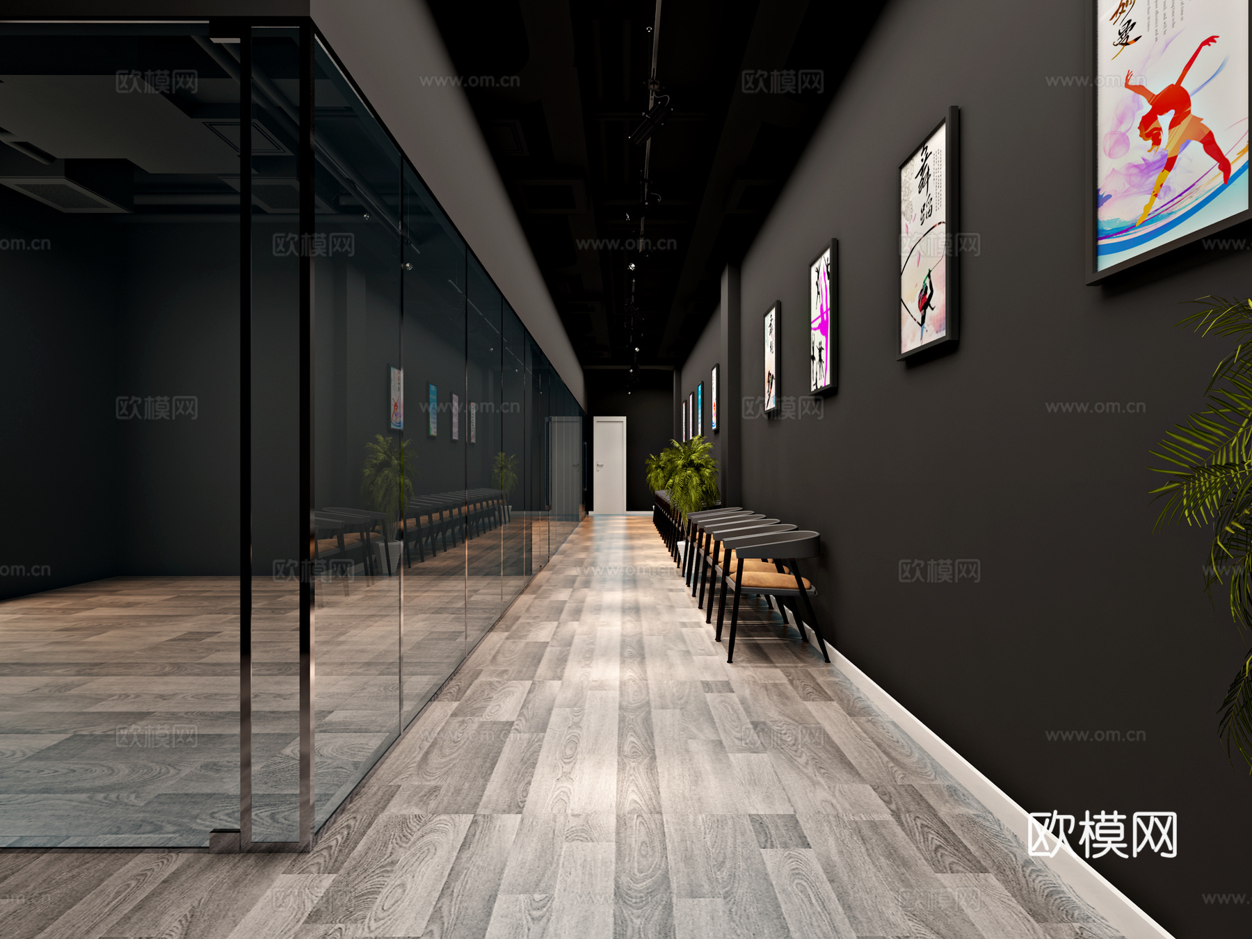 工业风舞蹈室前台 过道 吧台 灯 背景墙 凳子3d模型