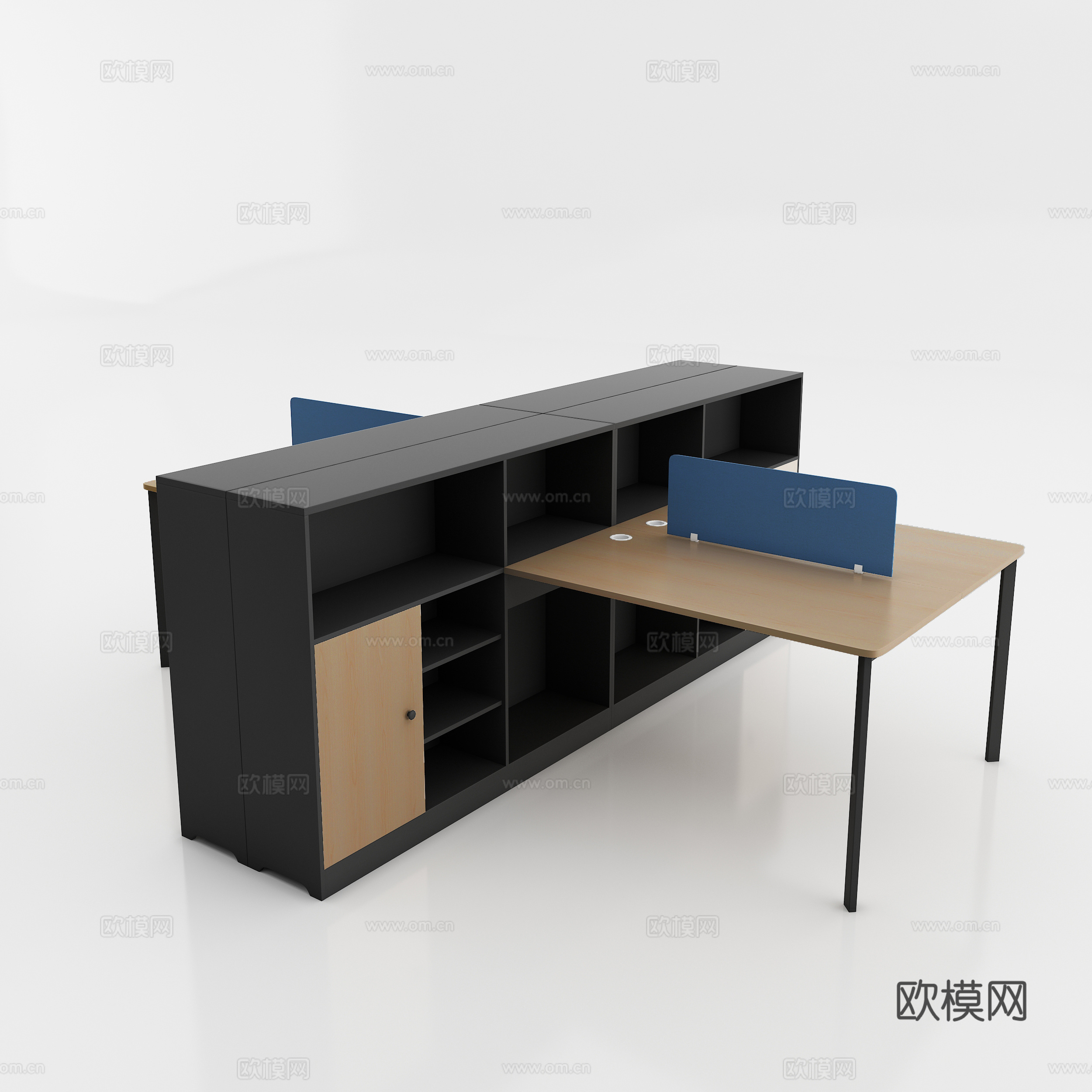 现代浅色木纹多人位职员桌3d模型