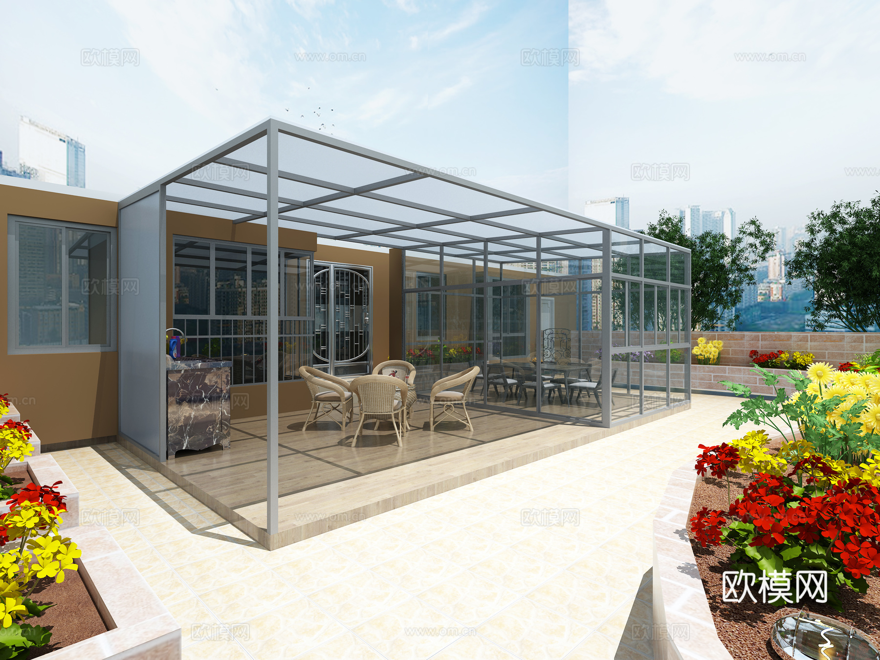 现代花园阳台 阳光棚3d模型