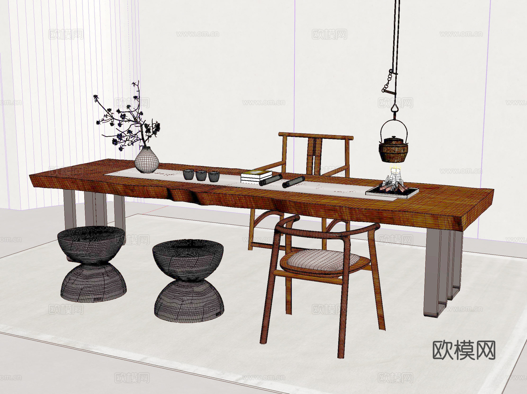 中式 桌椅 茶桌椅 茶几 茶具3d模型下载（渲染图2）