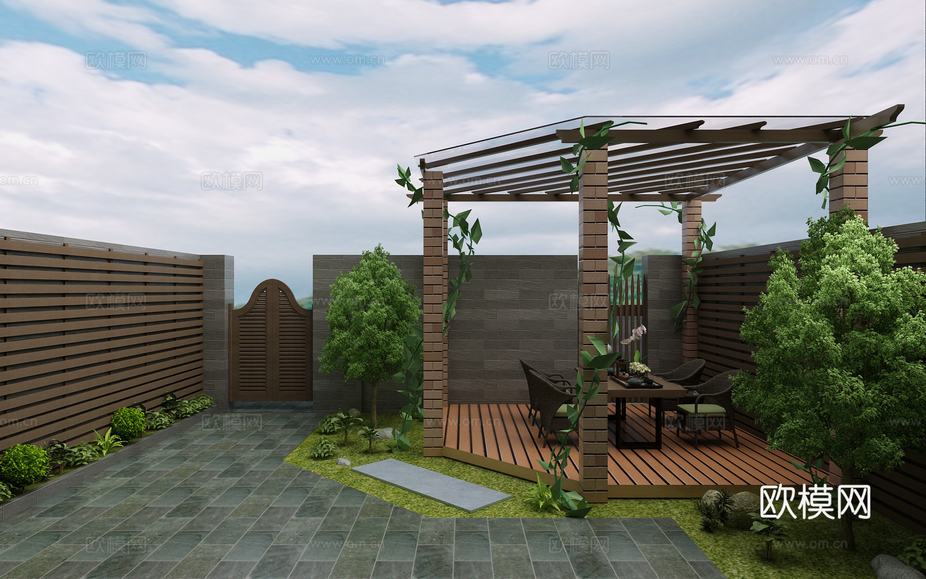 现代花园阳台 餐桌椅 植物 物件摆件3d模型