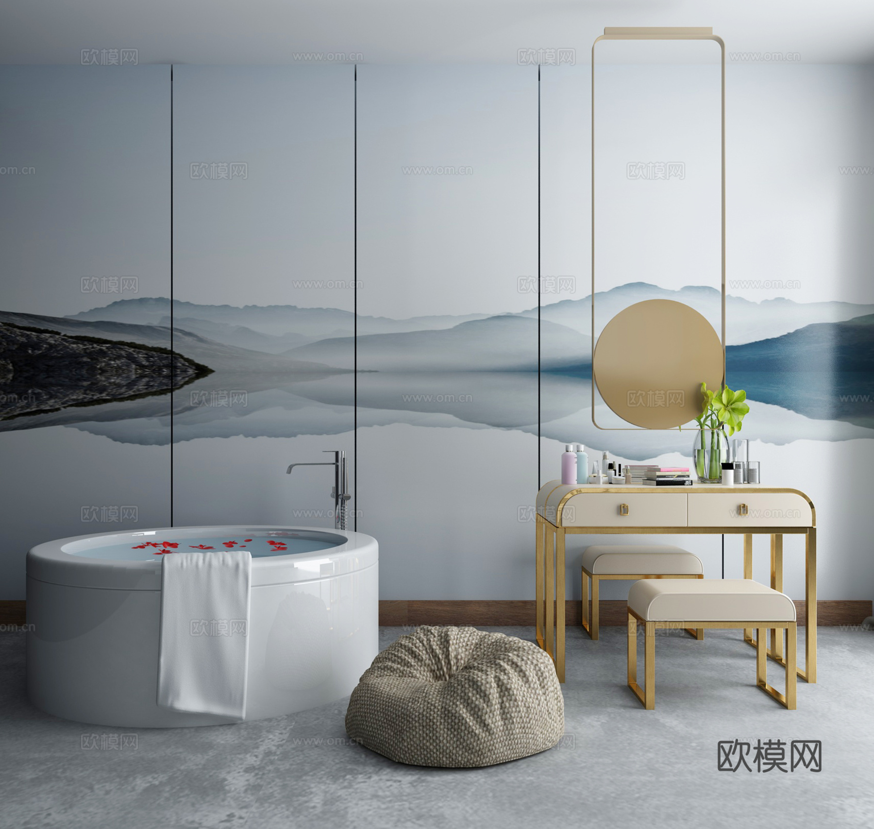 新中式浴室柜 化妆台 浴缸3d模型