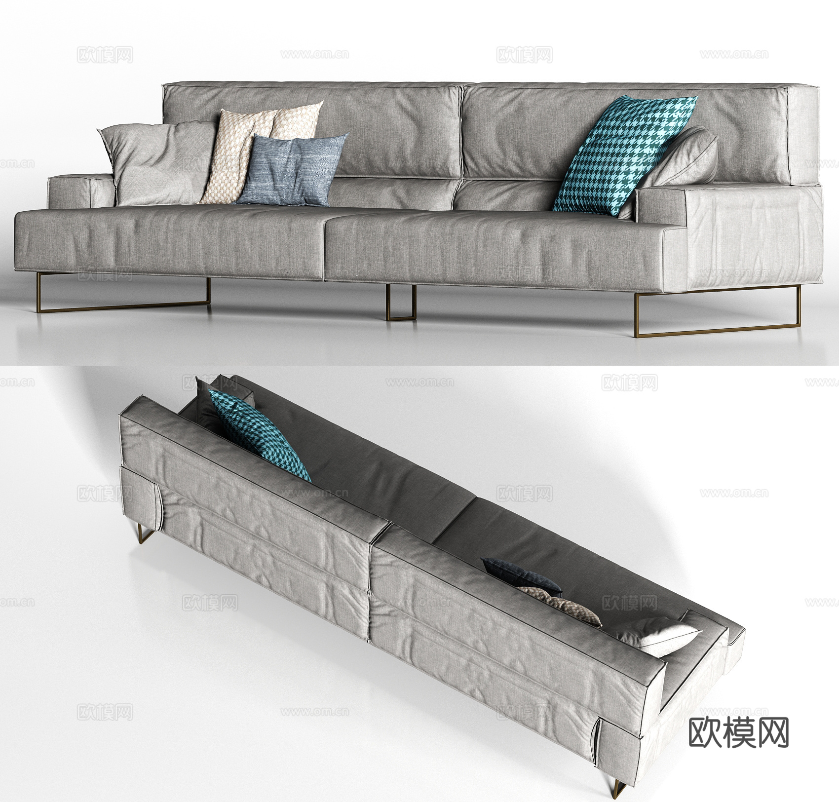 现代灰色布艺 多人沙发 枕头组合3d模型