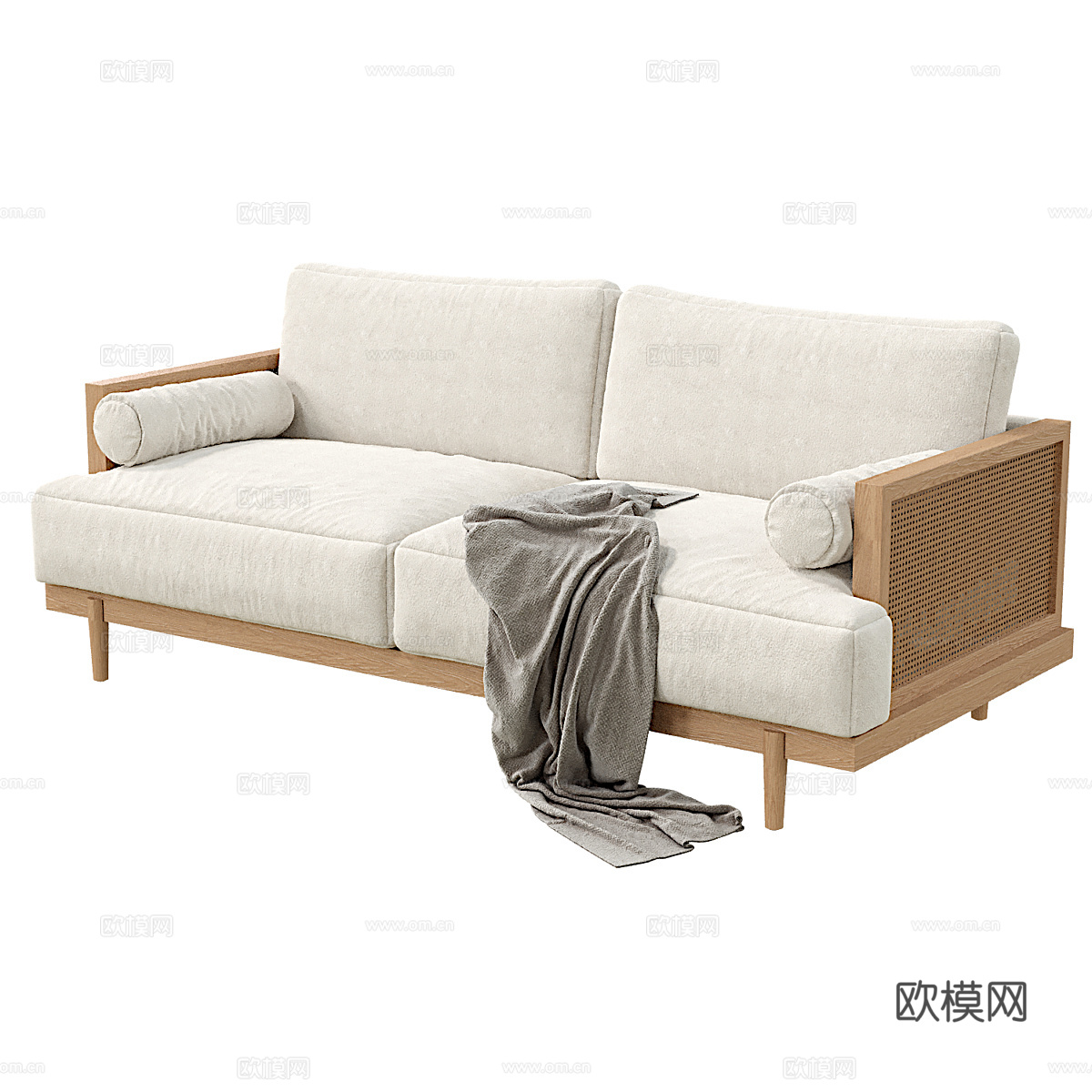 新中式木质布艺双人休闲沙发3d模型