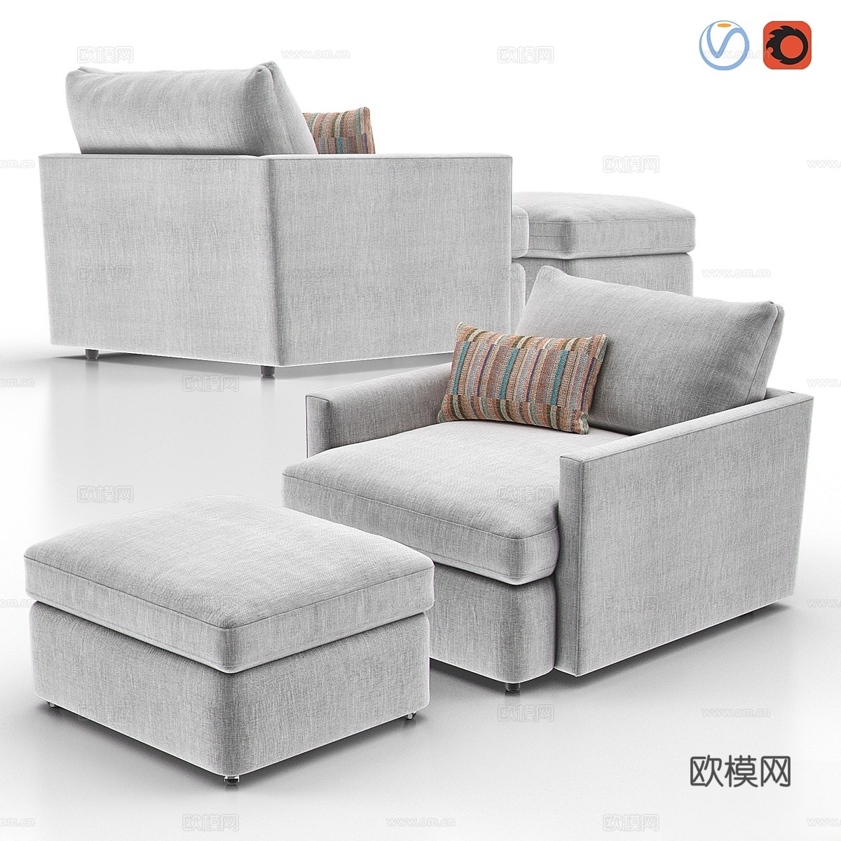 LOUNGE II Petite 户外软垫椅带脚凳3d模型