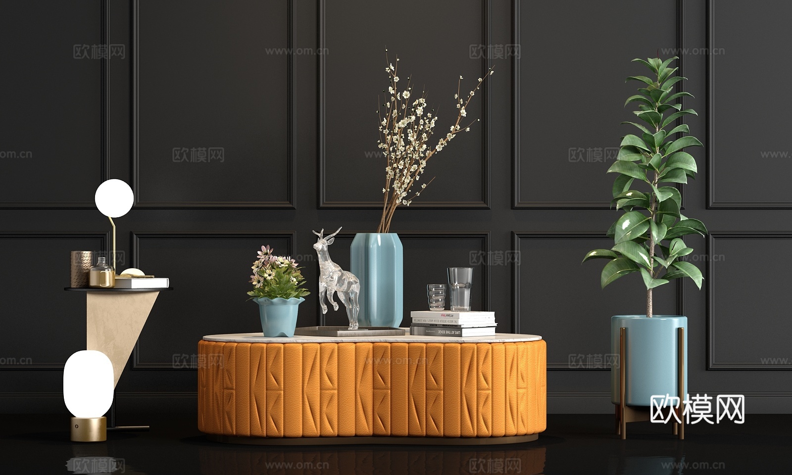 现代皮革茶几角几饰品组合3d模型