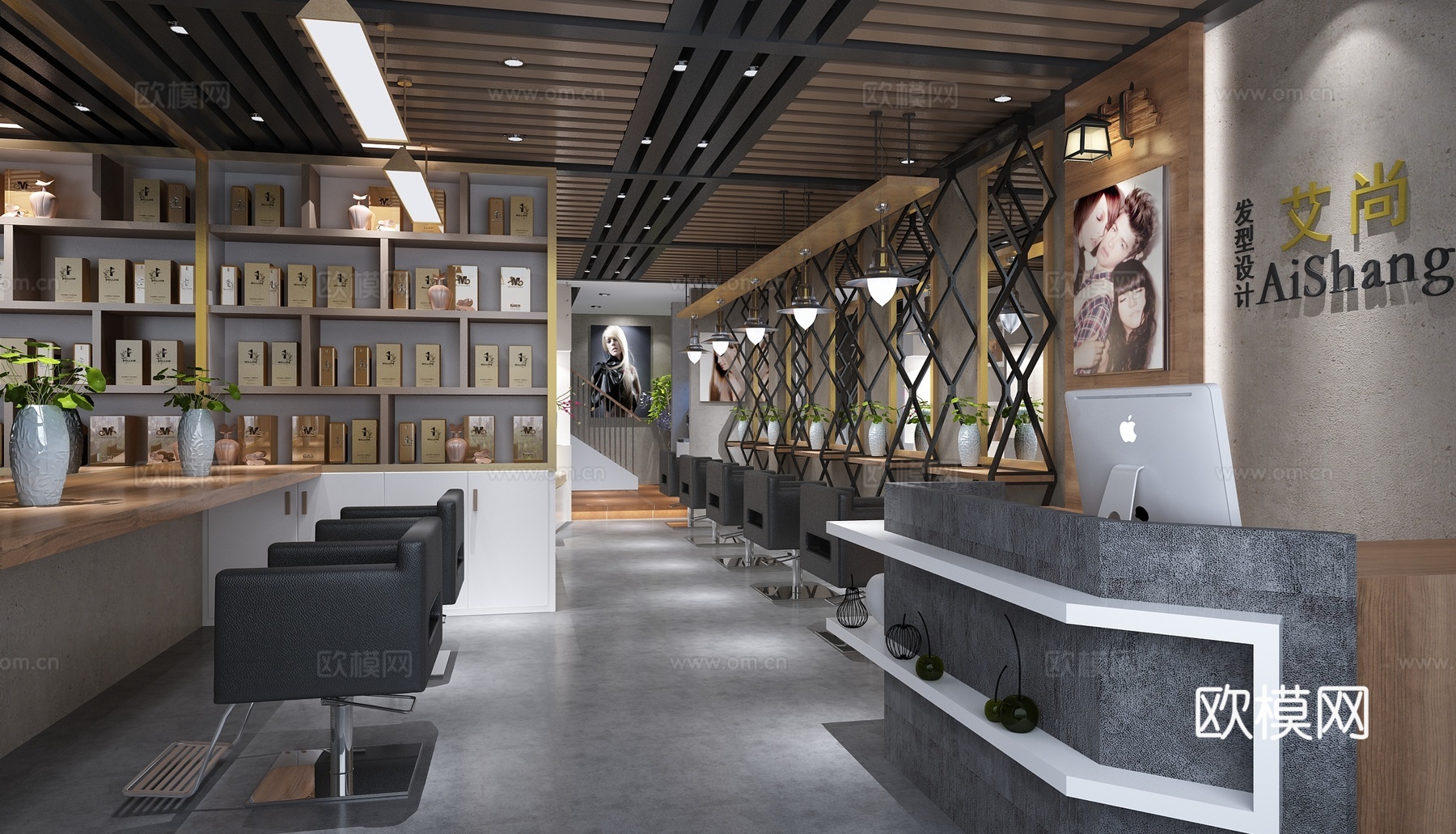 工业风理发店 橱柜 挂画 背景墙 梳妆镜 沙发椅 物件摆件3d模型