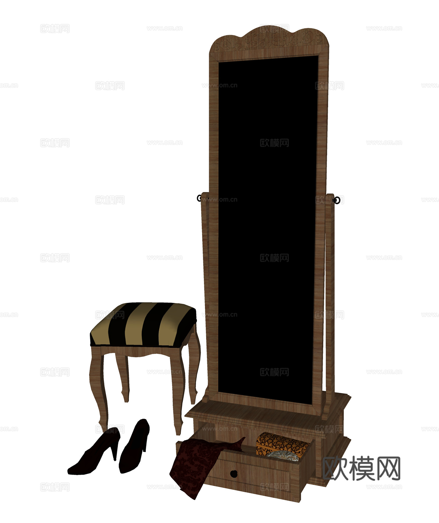 北欧落地镜 立体镜 方凳换鞋凳su模型