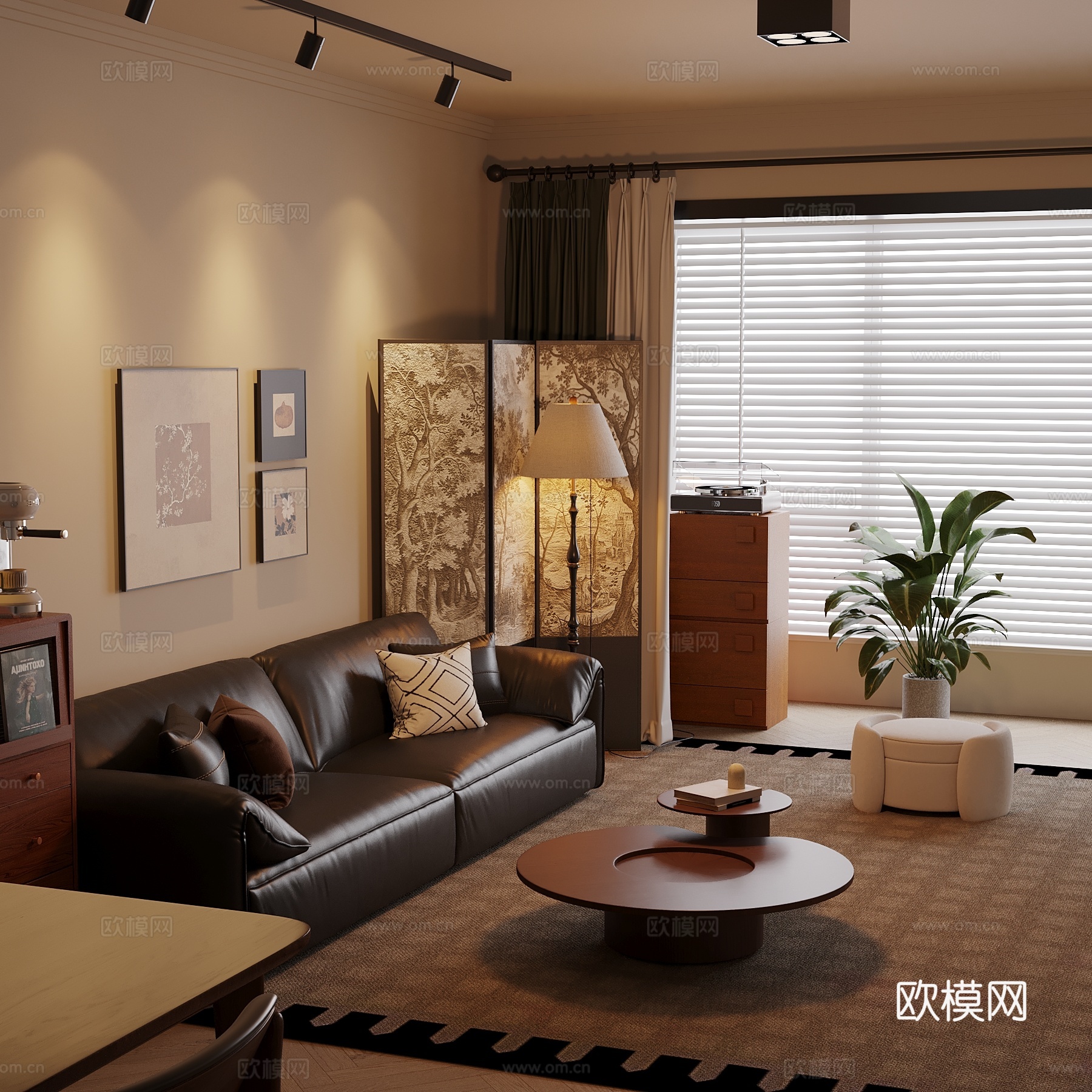 中古风客厅沙发茶几组合 屏风3d模型