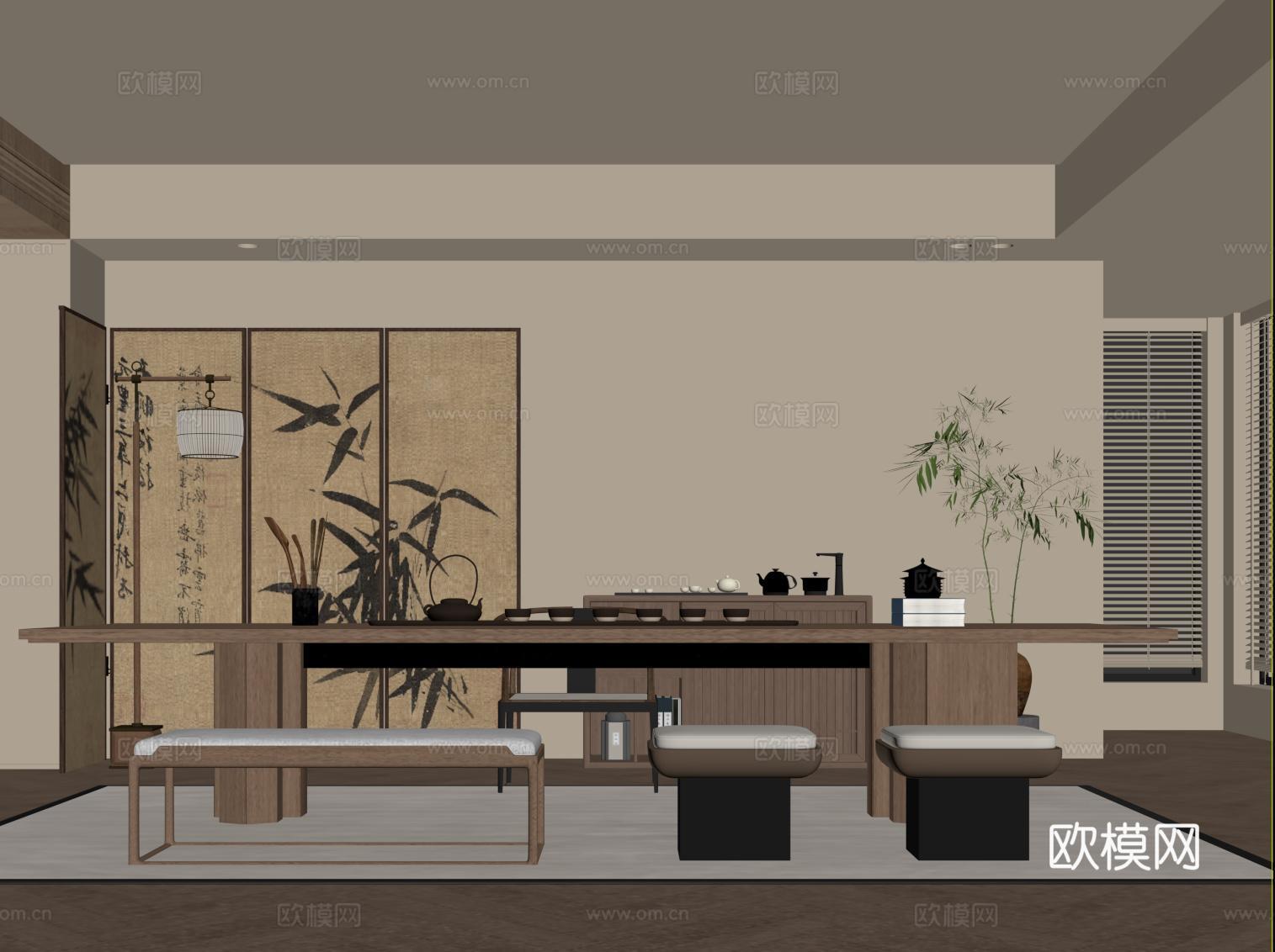 新中式茶室 茶桌椅 博古架 落地灯su模型