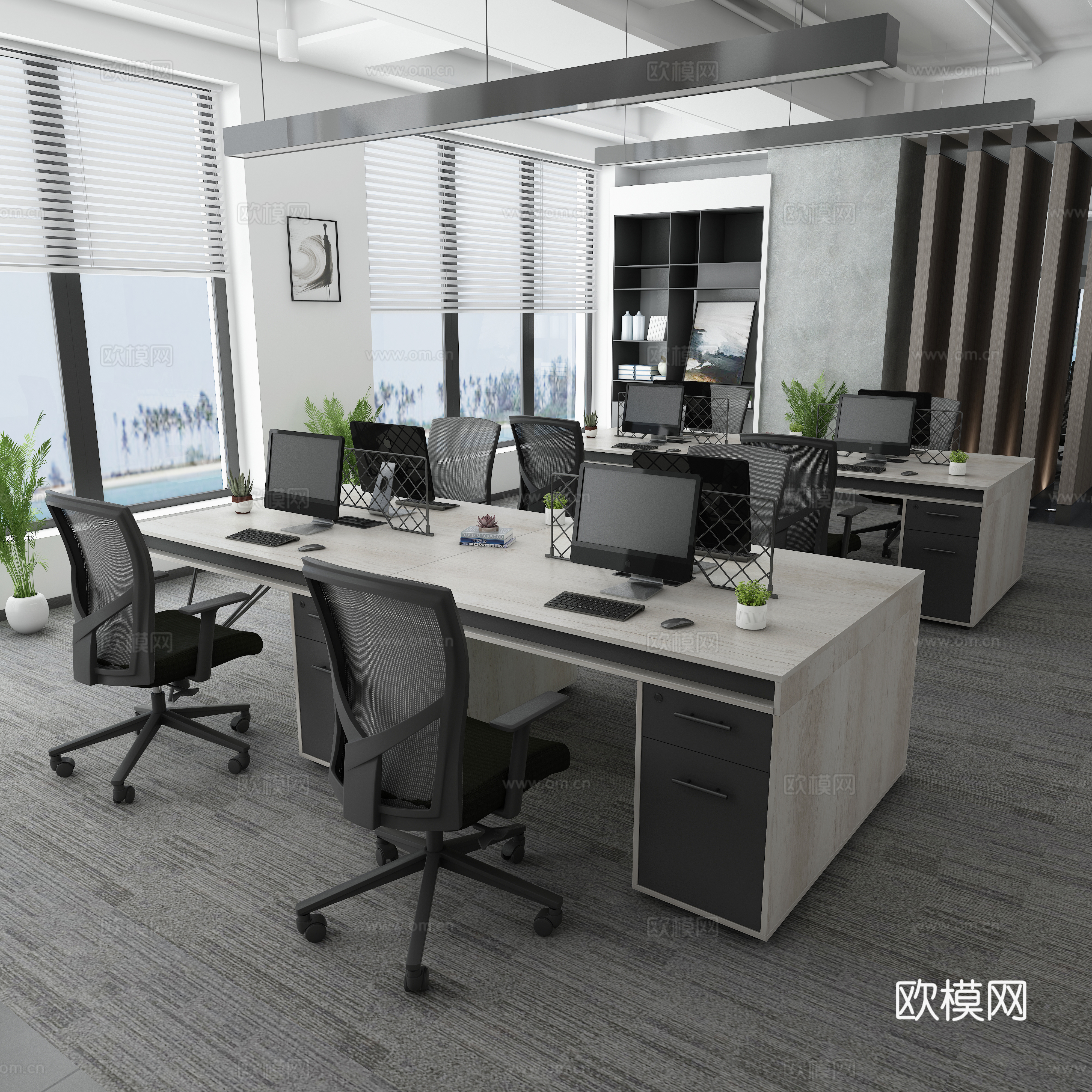 现代办公空间 办公室 职员室 浅色木纹职员桌 职员椅子3d模型