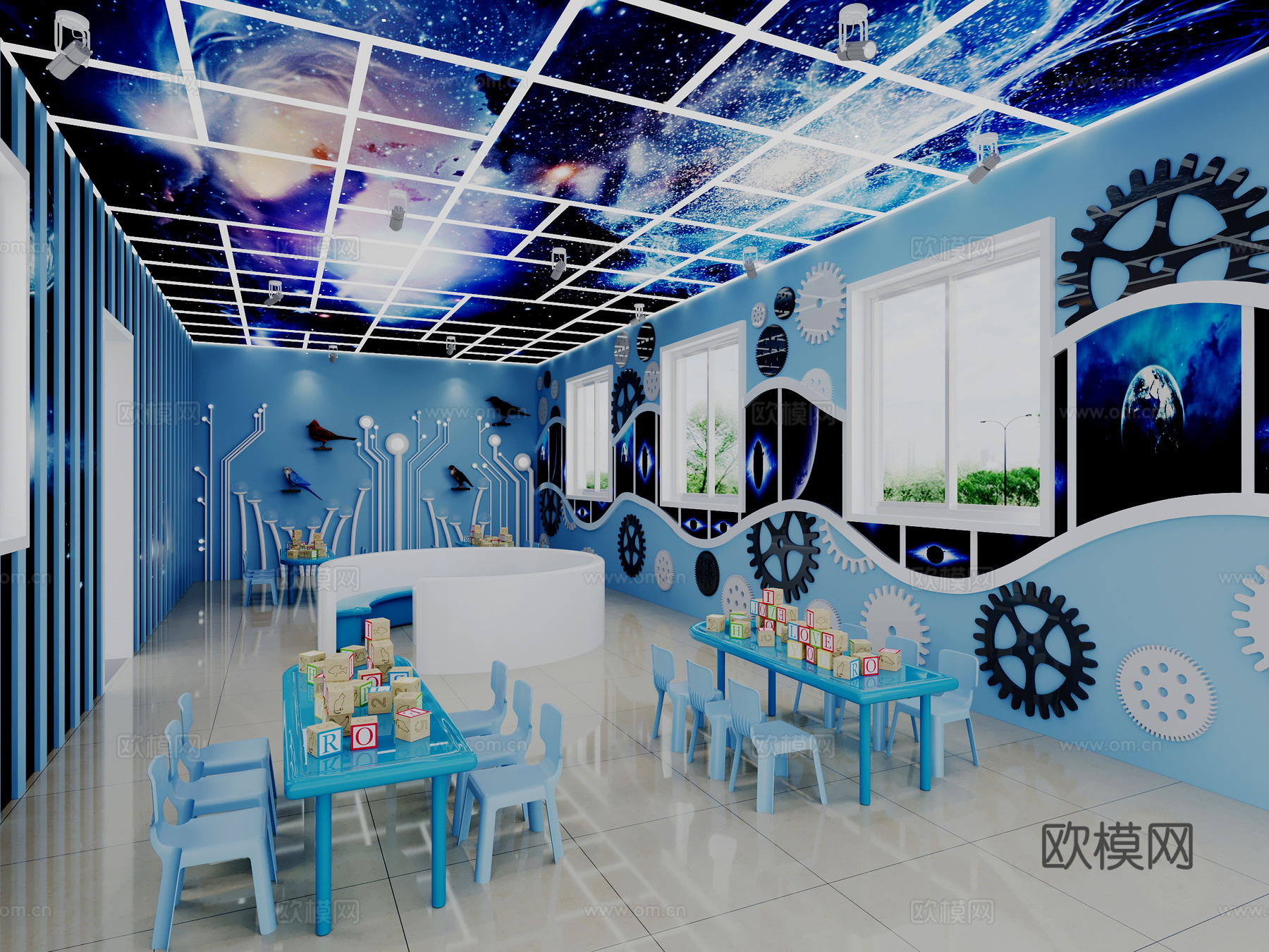 现代幼儿园 科技馆 手工室 齿轮 教室 科技风3d模型