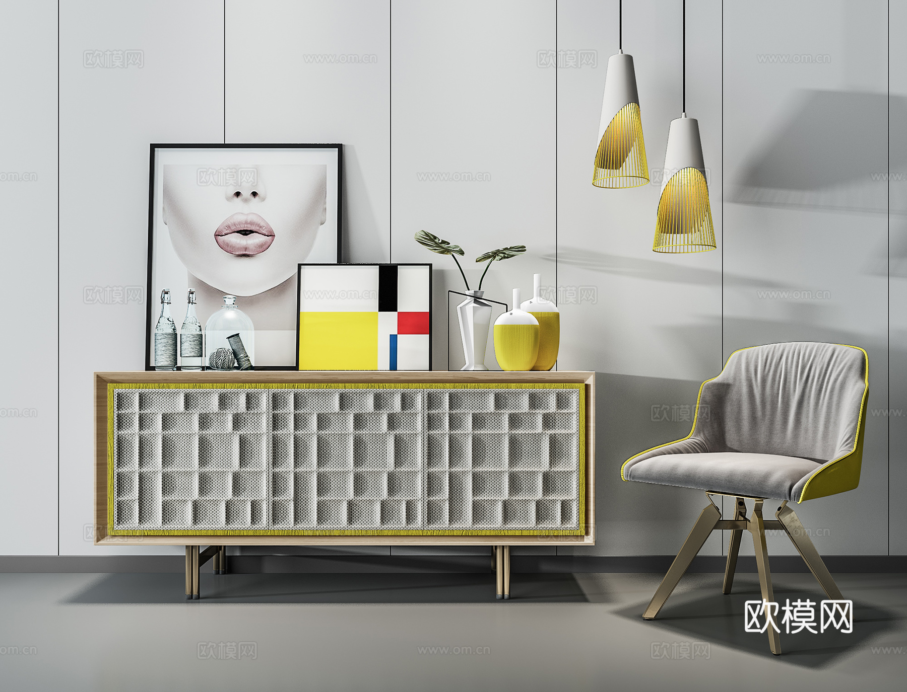 现代装饰柜 休闲椅组合 吊灯 画 装饰品3d模型