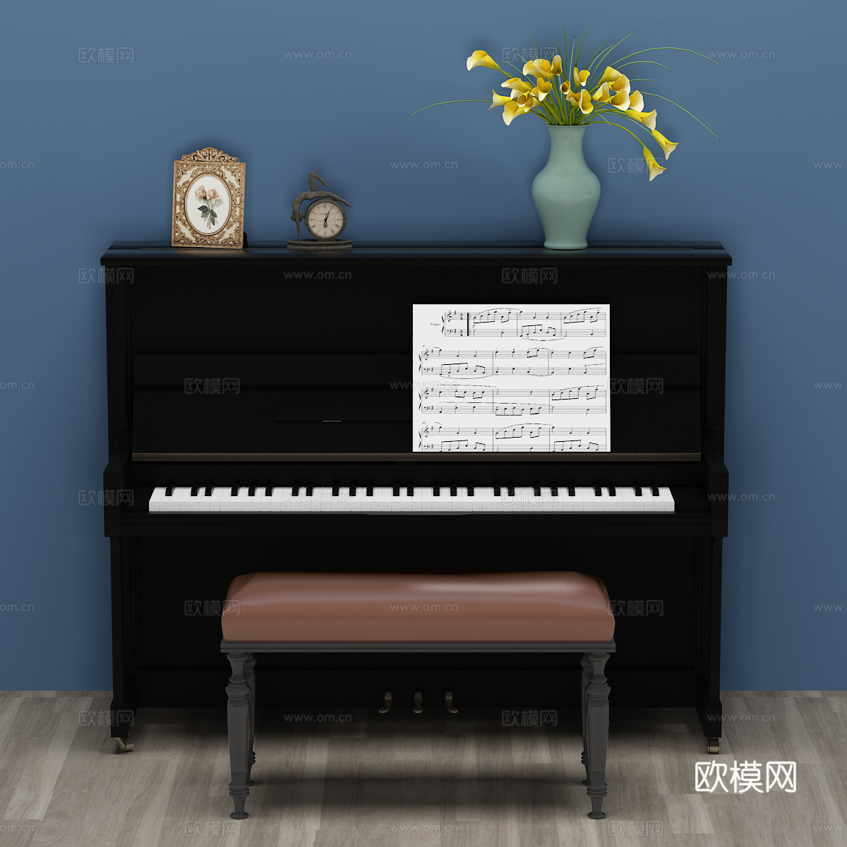 现代钢琴 凳子 乐谱 摆件3d模型