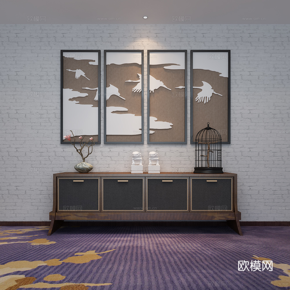 新中式装饰柜 边柜 鞋柜 装饰画3d模型