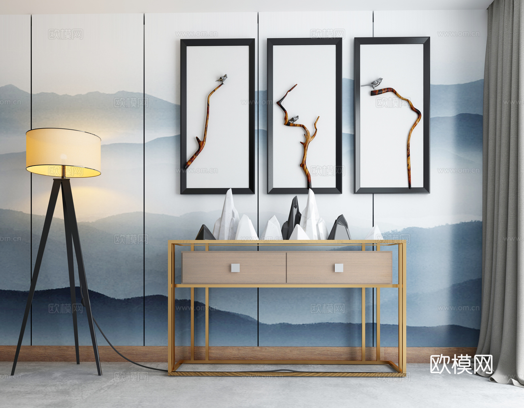 新中式装书柜组合3d模型下载（渲染图2）