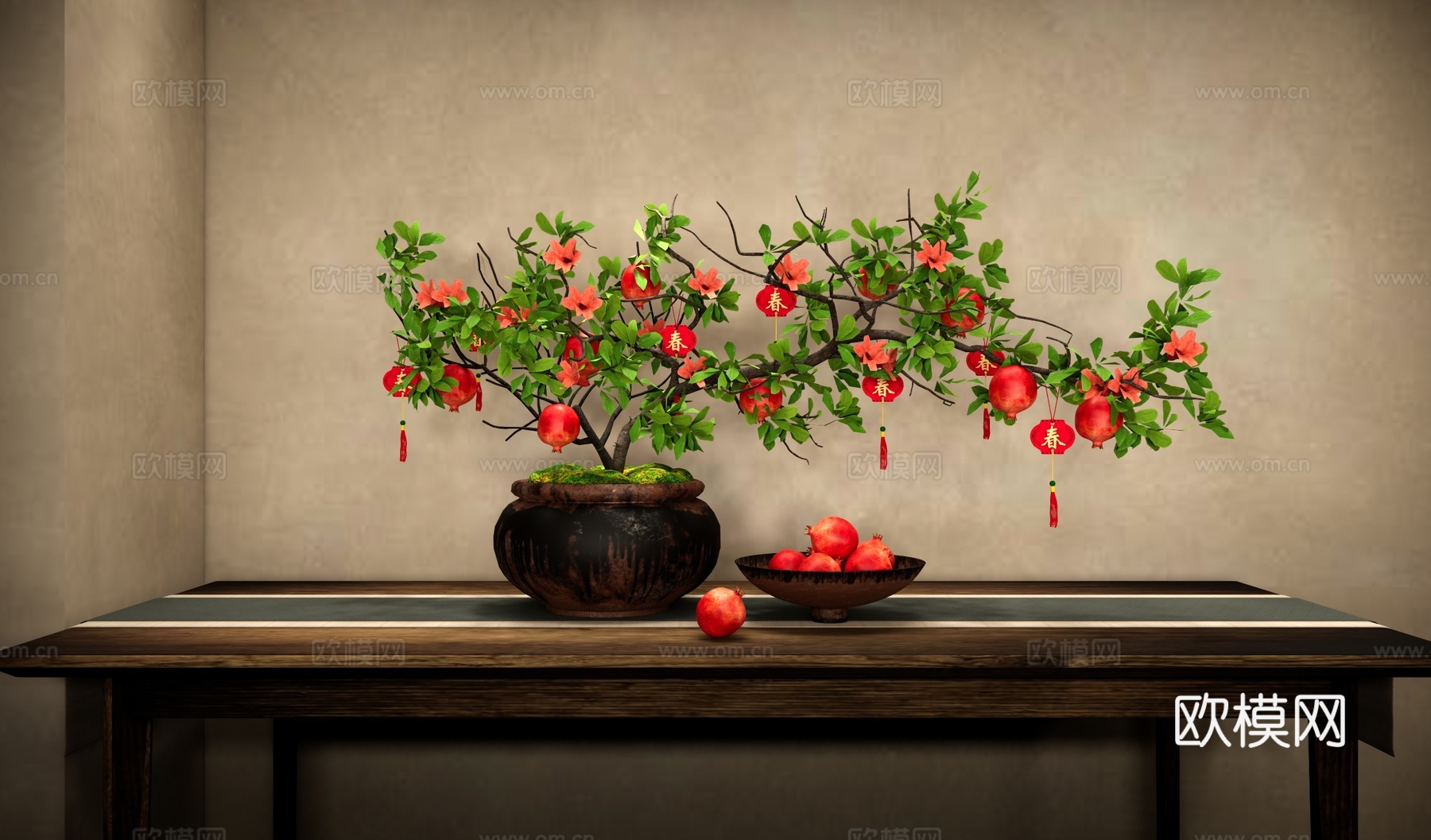 石榴插花盆景 植物造型盆栽 陶罐花瓶摆件 禅意盆景 新年挂件su模型