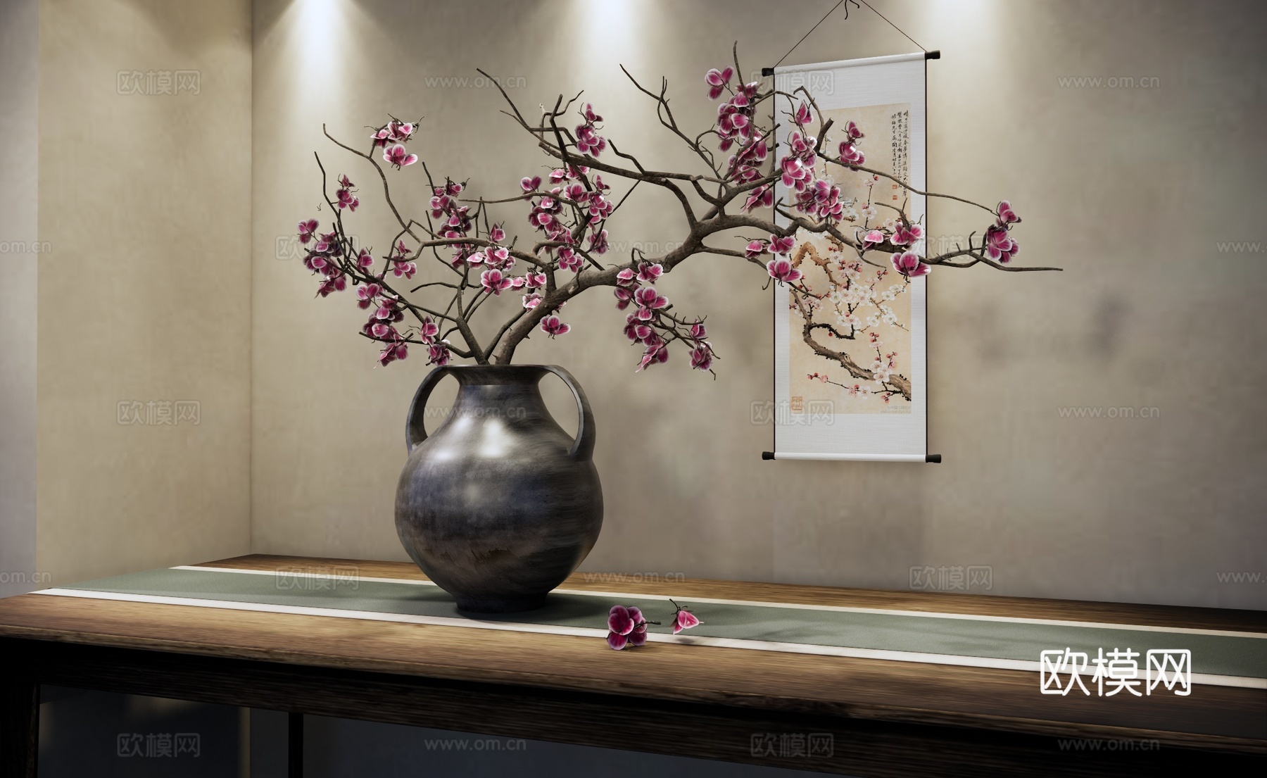 室内盆景 禅意插花 红梅 梅花 海棠su模型