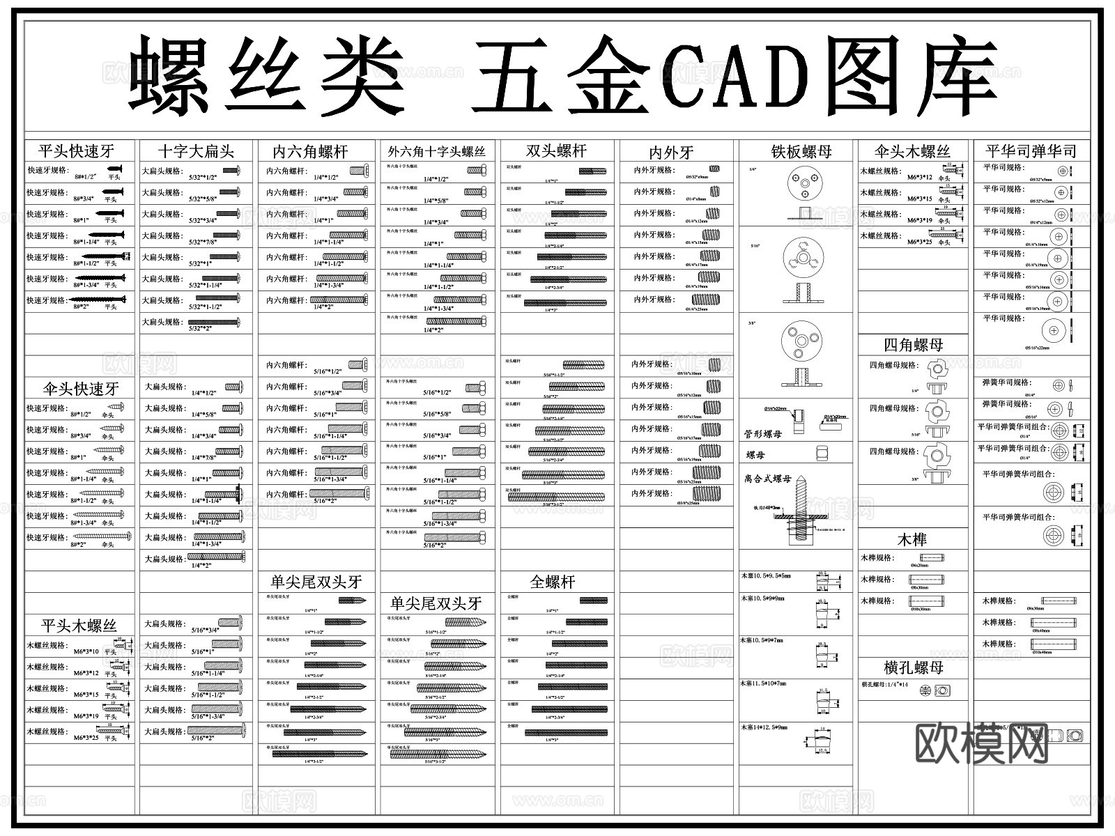 五金 螺丝 五金配件 螺杆 螺母cad施工图