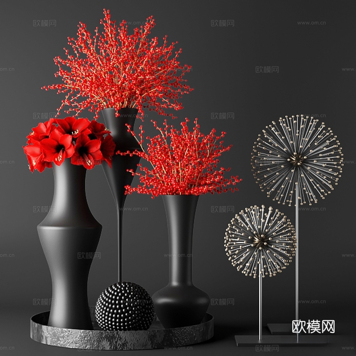 红花与浆果的花束。3d模型