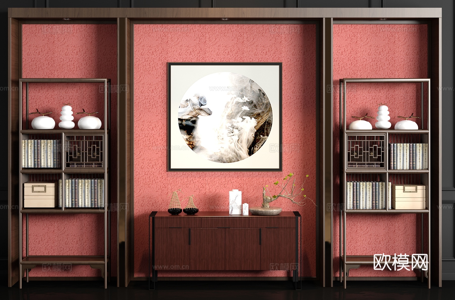 新中式实木装饰架 端景柜 书籍 饰品 挂画组合3d模型