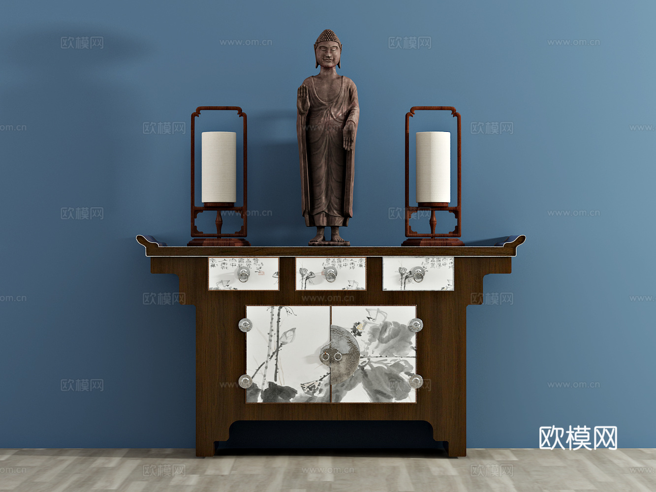 新中式装饰柜 装饰品 佛雕塑 台灯3d模型