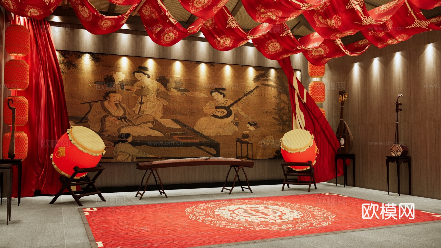 新中式古典乐器展厅 文化展览馆 音乐展览厅 古筝 琵琶 二胡su模型