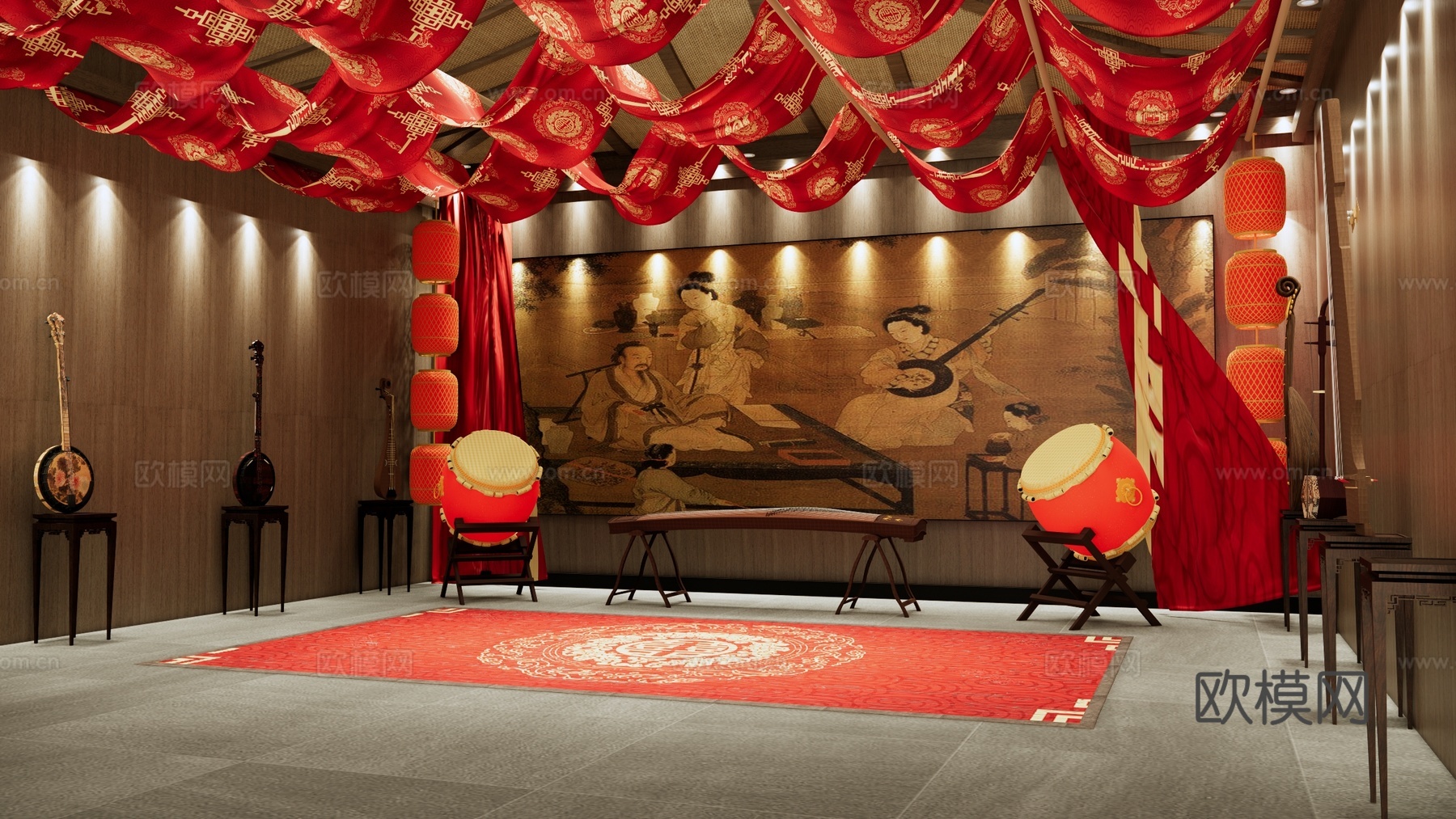 新中式古典乐器展厅 文化展览馆 音乐展览厅 古筝 琵琶 二胡su模型