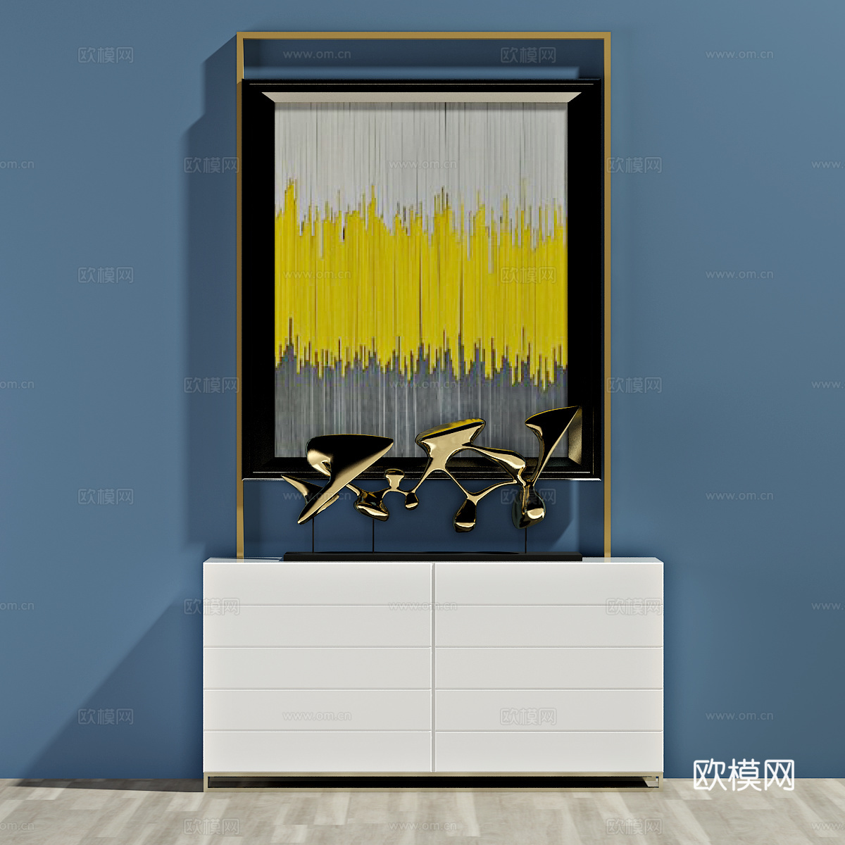 现代装饰柜 边柜 装饰画 摆件3d模型下载（渲染图2）