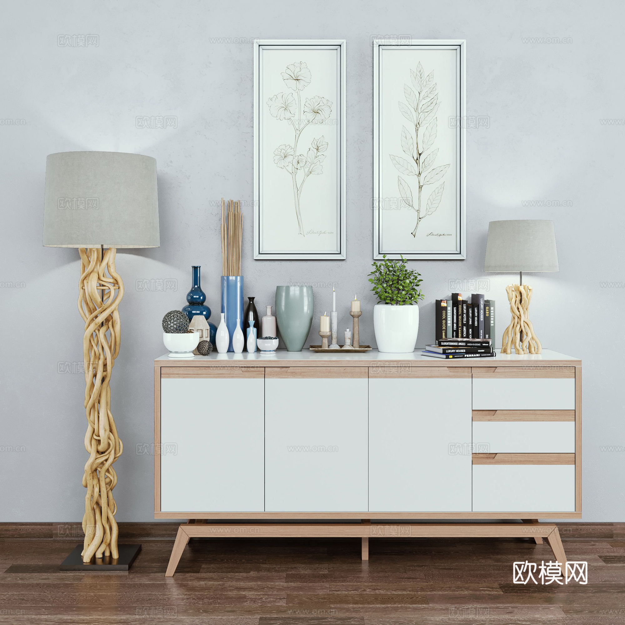 现代装饰柜 装饰品 画 落地灯组合3d模型