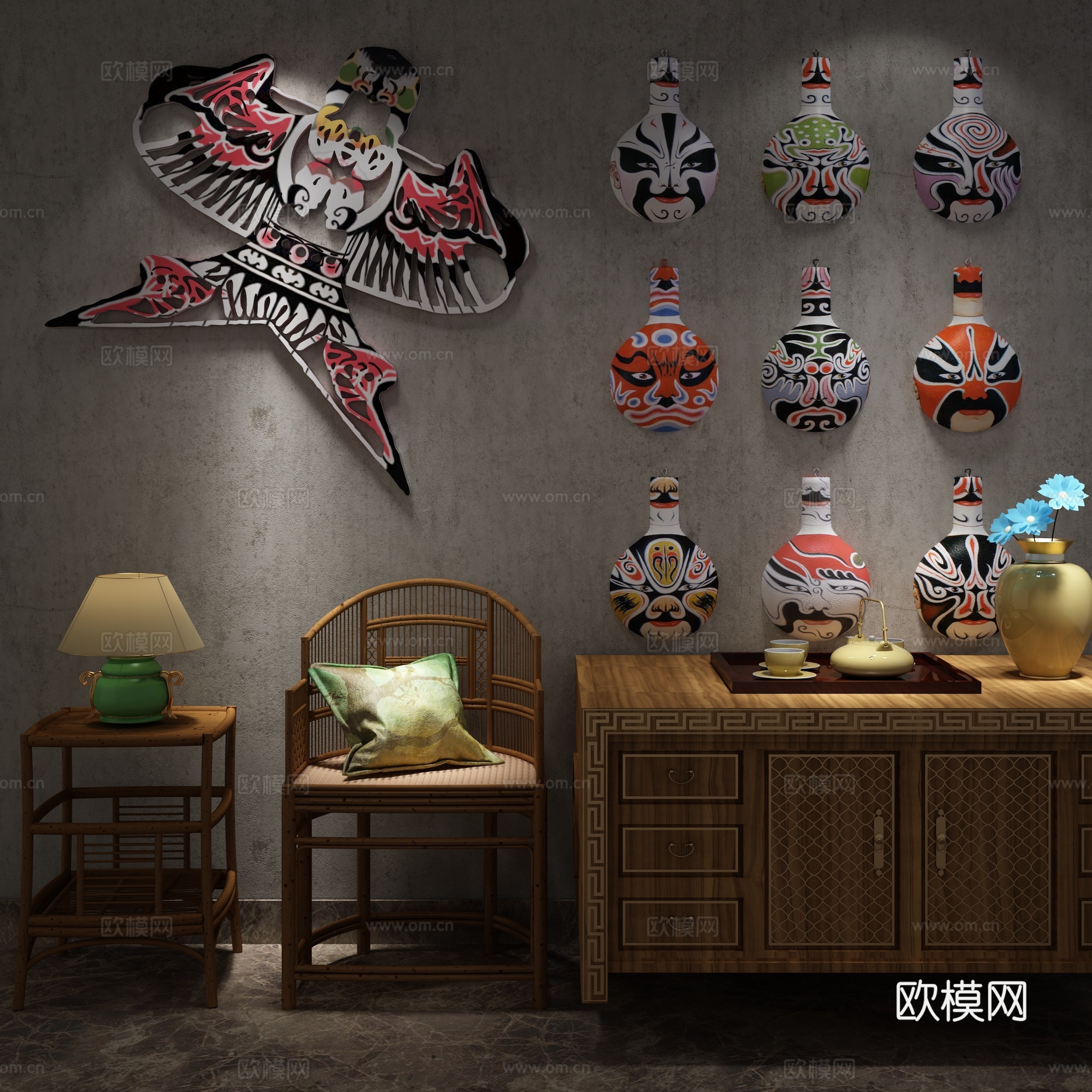 新中式装饰柜 脸谱面具 风筝 单椅 边柜3d模型