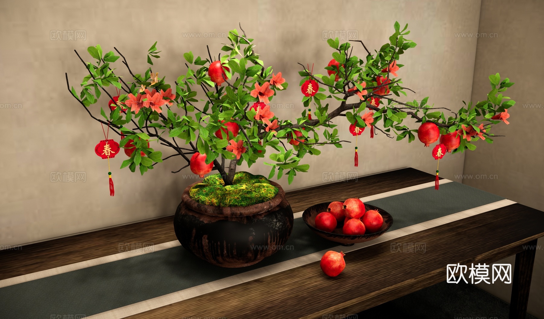石榴插花盆景 植物造型盆栽 陶罐花瓶摆件 禅意盆景 新年挂件su模型