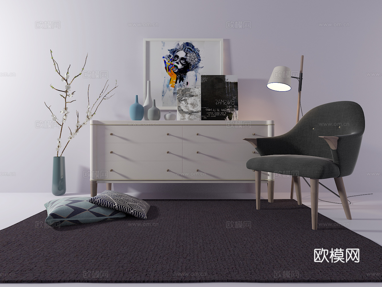 现代装饰柜 边柜 单椅 装饰画 摆件3d模型下载（渲染图2）
